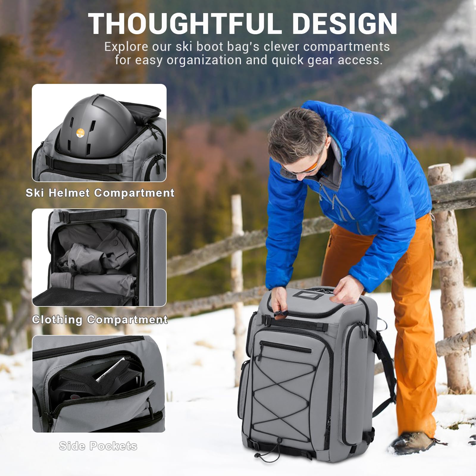 60L Waterproof Ski Boot Backpack for Men & Women - Large Travel Backpack for Snowboard Boots, Skis, Helmet, Goggles & Gloves - Durable Winter Sports Gear for Skiing, Snowboarding & Mountain Adventures