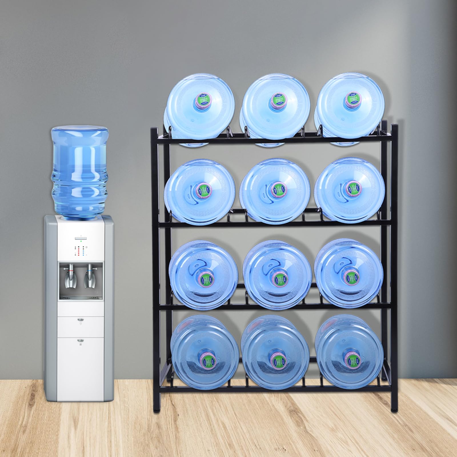 Nuogo 5 Gallon Water Jug Rack - Heavy Duty 4-Tier Water Bottle Holder Stand for Home, Kitchen & Office Storage - Space Saving Organizer for Large Water Containers & Accessories