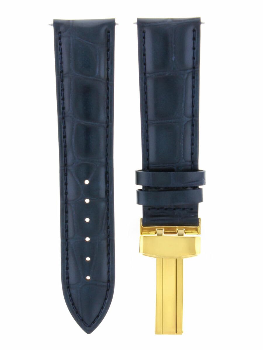 18mm Genuine Leather Watch Band Strap with Deployment Clasp - Dark Blue & Gold - Compatible with Omega Watches | Replacement Strap for Dress Watches, Business & Formal Occasions