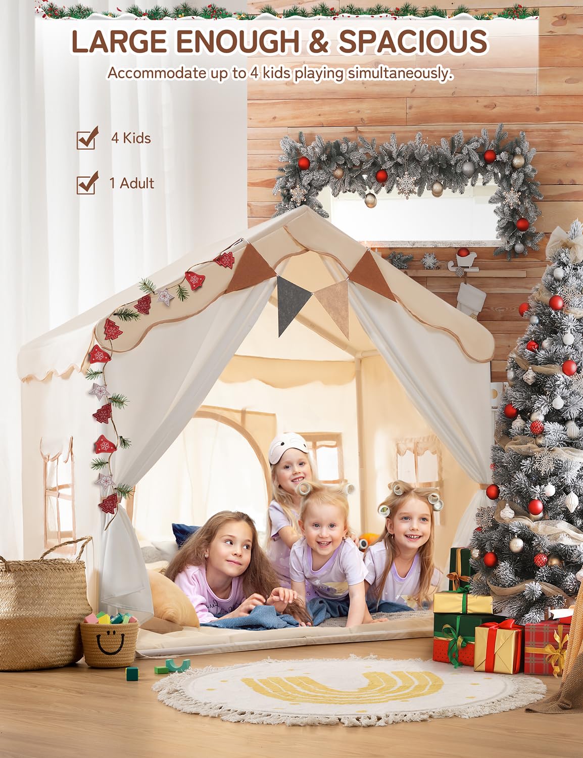 Besrey Kids Play Tent & Playhouse 2-in-1 with Padded Mat & LED Lights - Large Indoor/Outdoor Play Tent with 2 Doors & 4 Windows - 51