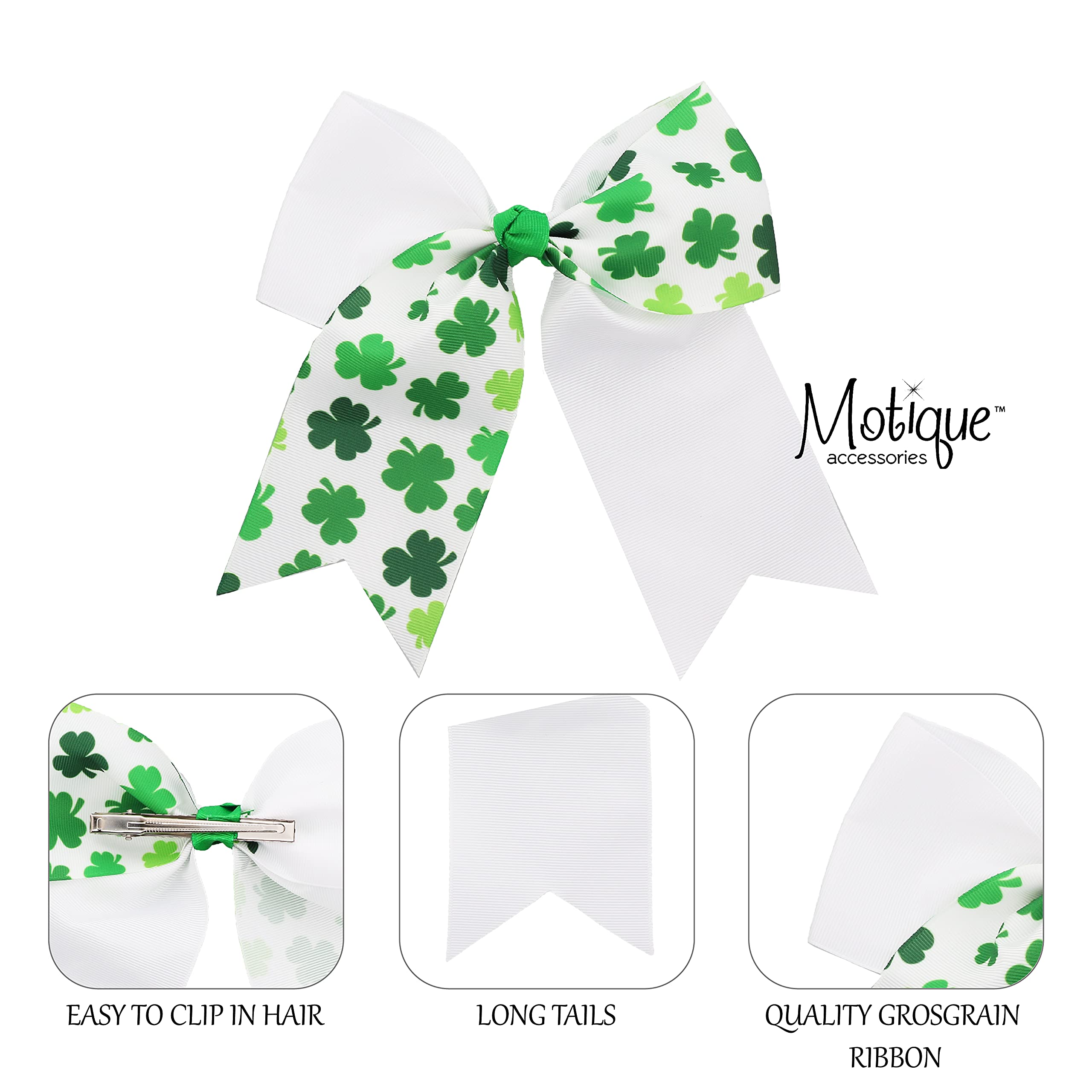 St Patrick's Day White Shamrock Hair Bow with Tails - Perfect for Irish Festivals, Parades, and Themed Parties
