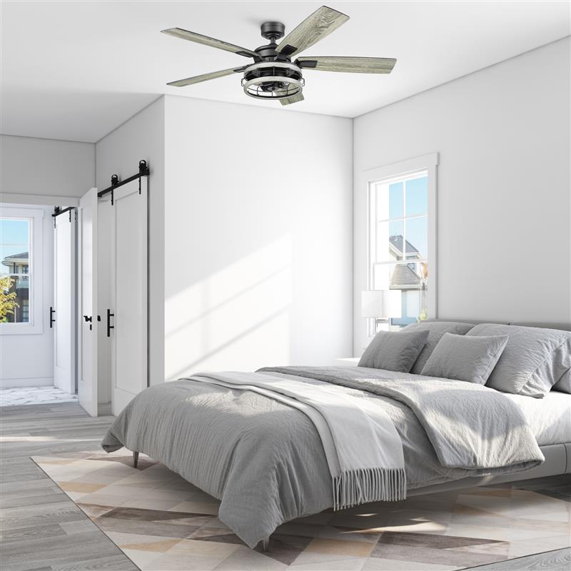 52 Inch Honeywell Carnegie Matte Black Ceiling Fan with Gray Cage Light & Remote Control - Perfect for Living Room, Bedroom, and Outdoor Covered Patio