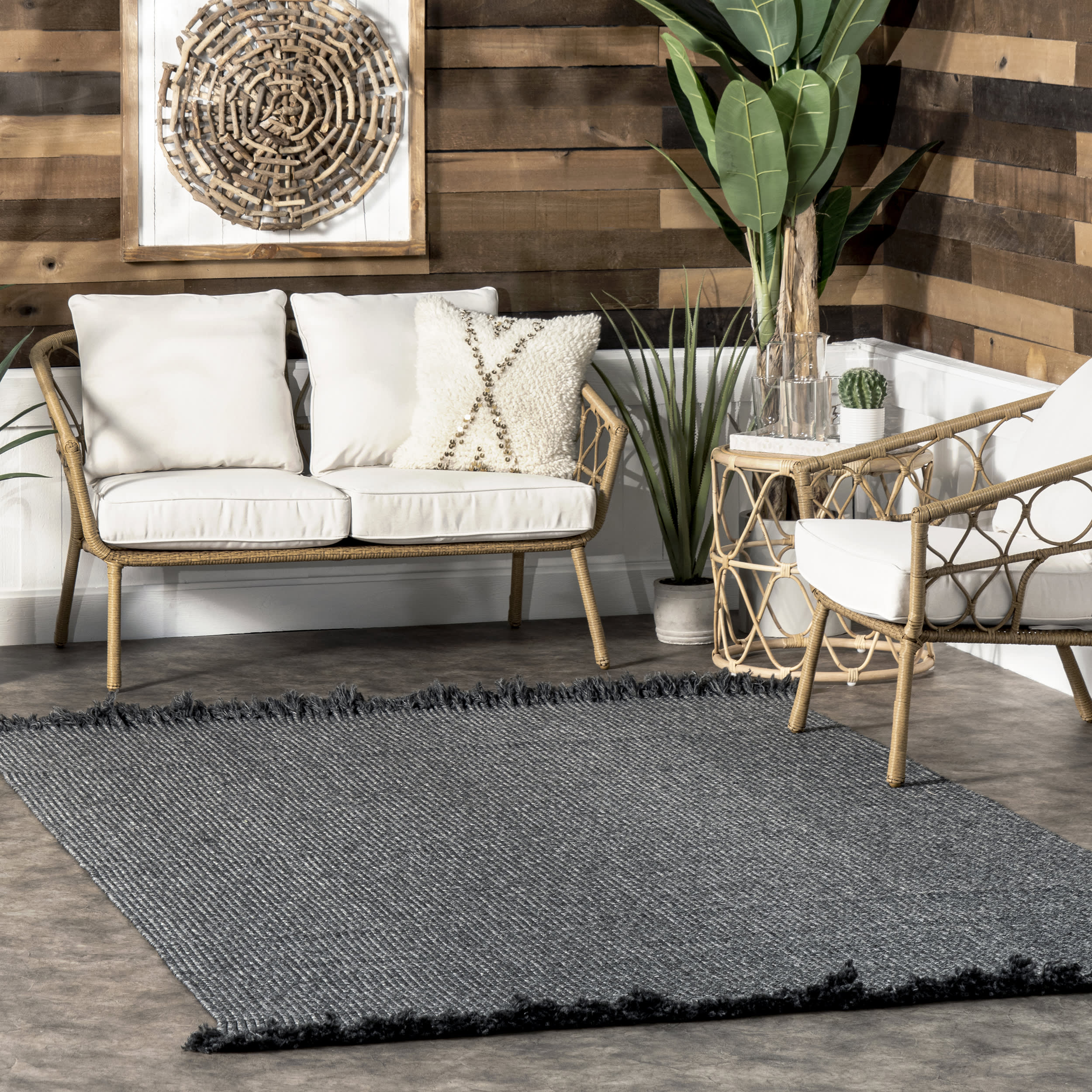 Stylish Ashen Braided Tassel Rug - Indoor/Outdoor Durable Floor Mat in Charcoal | Perfect for Living Room, Patio, or Bedroom Decor