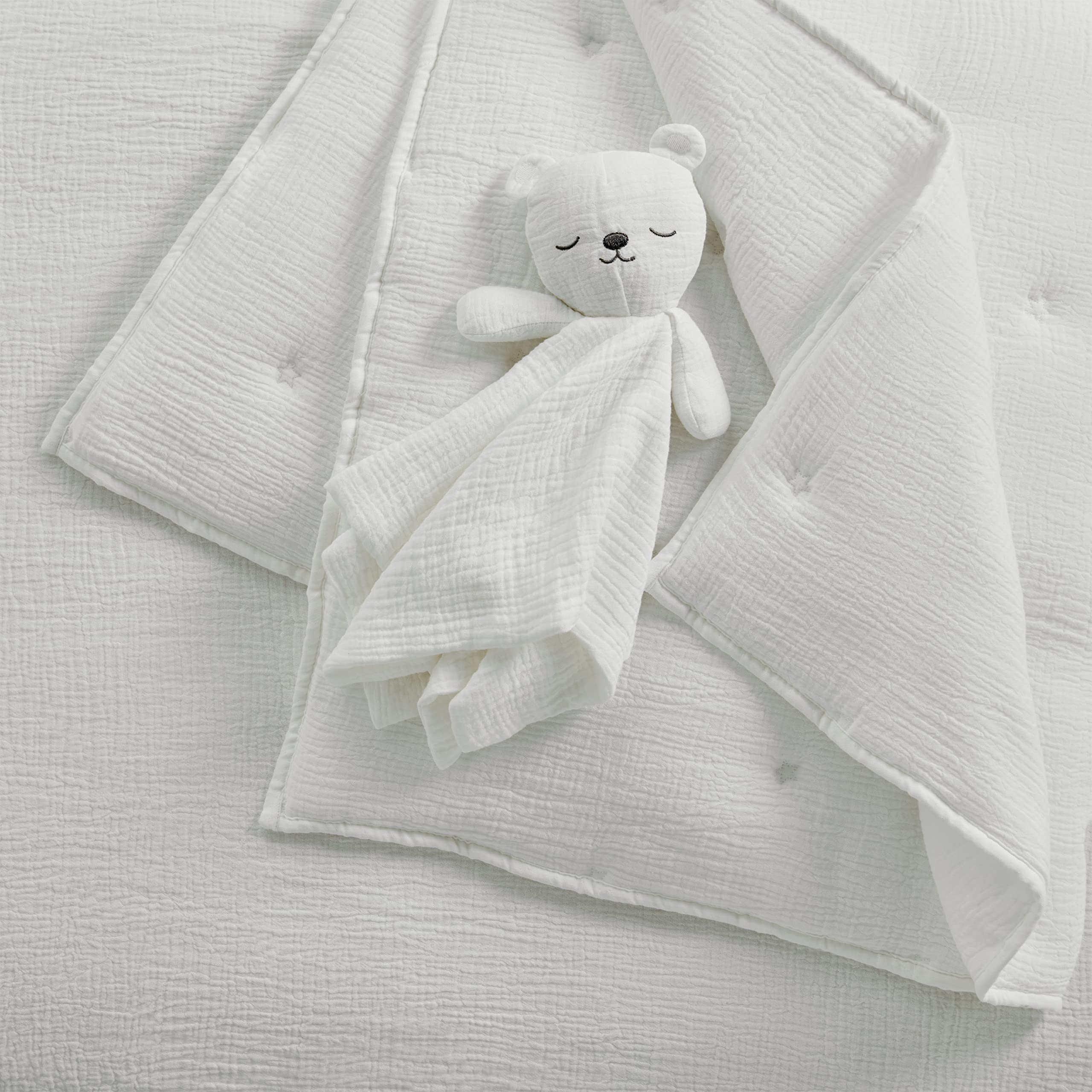Levtex Baby Cloud Muslin Crib Bed Set - 5 Piece Nursery Set with Quilt, Fitted Sheet, Swaddles & Lovey - Soft Textured Muslin for Newborns - White Star Design - Perfect for Nursery Decor, Baby Shower Gifts & Cozy Sleep Time