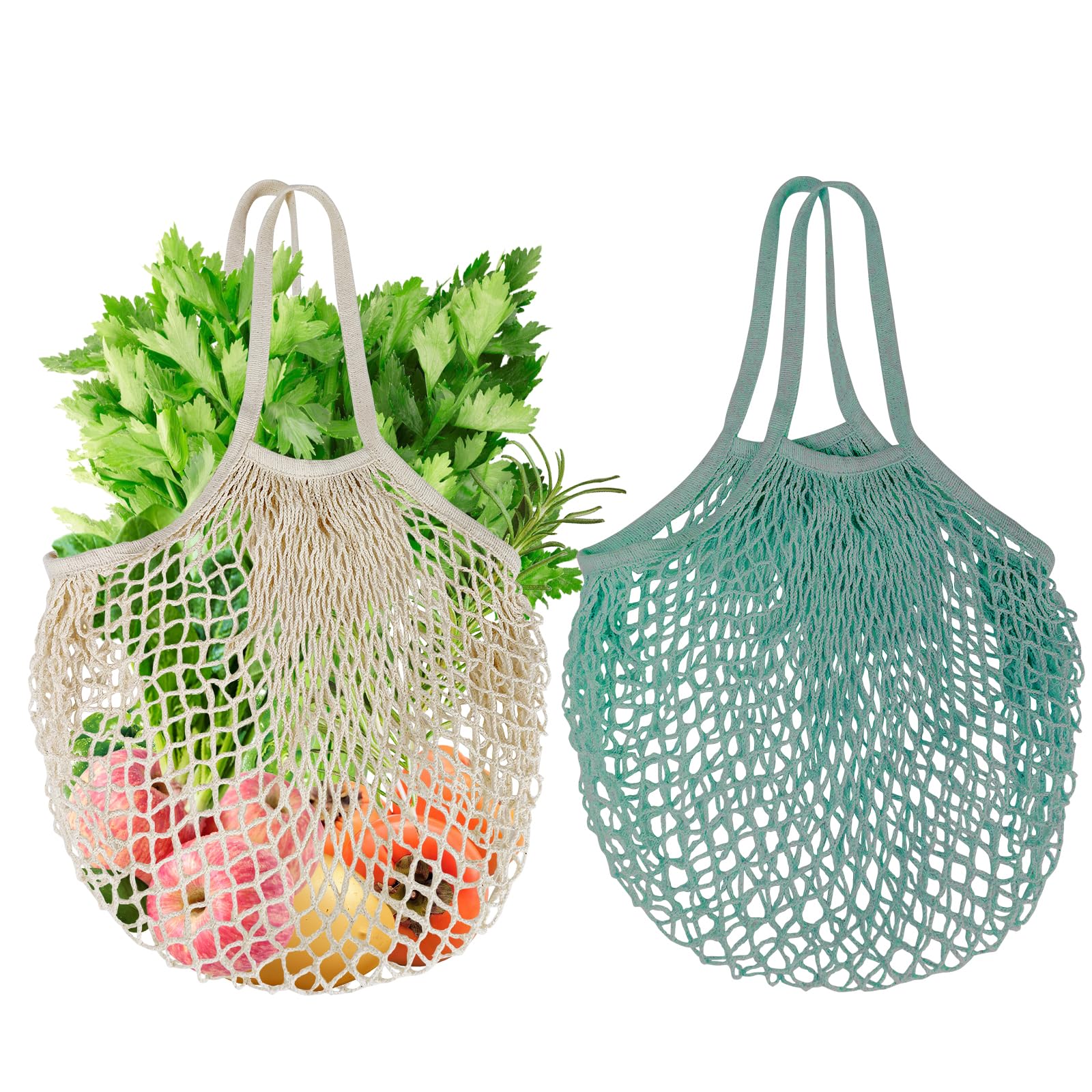 2-Pack Reusable Mesh Grocery Bags with 100% Cotton String - Eco-Friendly Long Handle Produce Bags for Fruits, Vegetables & Shopping - Perfect for Farmers Market, Grocery Store & Kitchen Storage