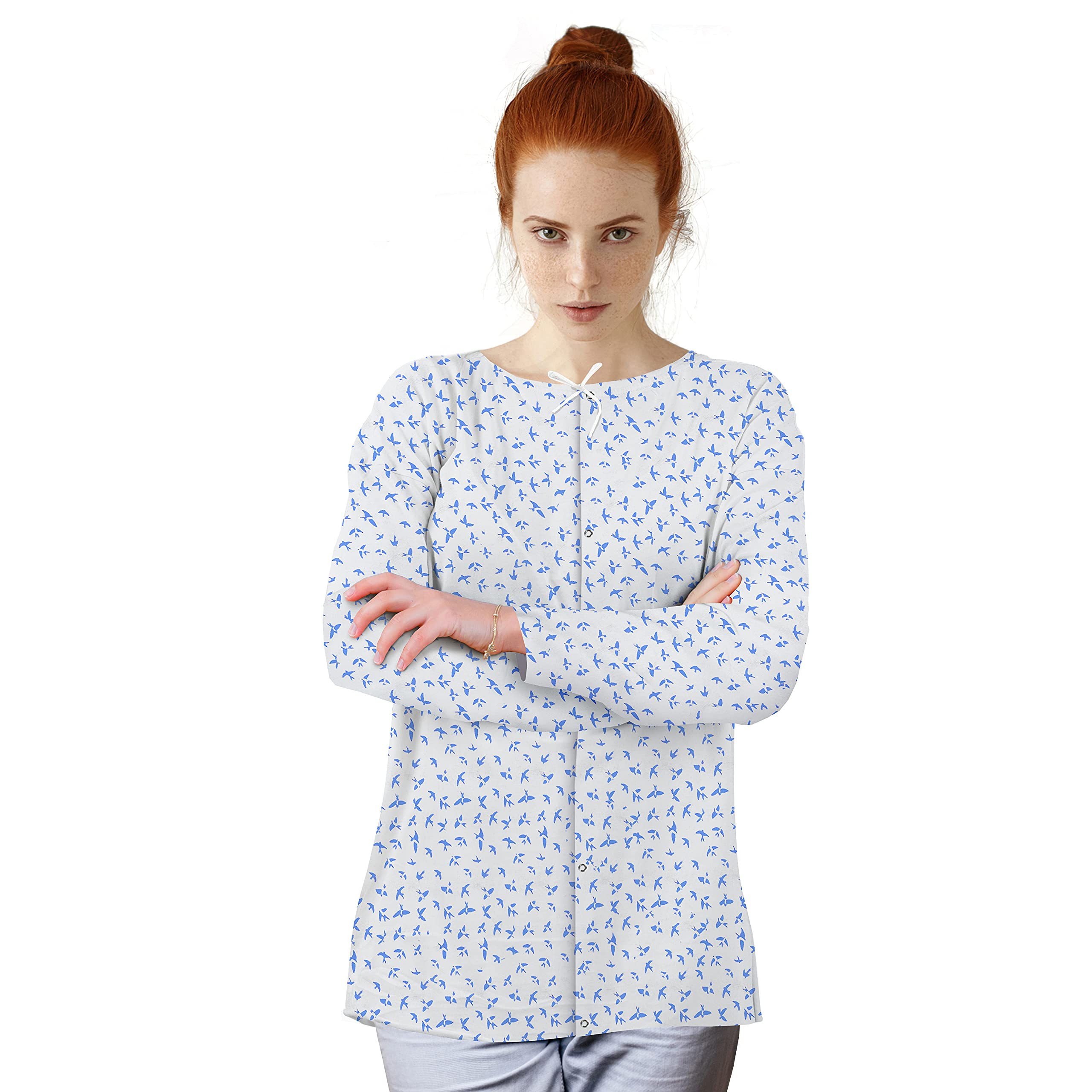 AMZ Medical Supply 100% Cotton Patient Shirts - X-Large (Pack of 42) | Hospital Nursing Jackets with Front Snap Closure | Long Sleeve Reusable Shirts (147 GSM, White/Dark Blue Swallow Print) | Ideal for Hospitals, Nursing Homes & Home Healthcare Use