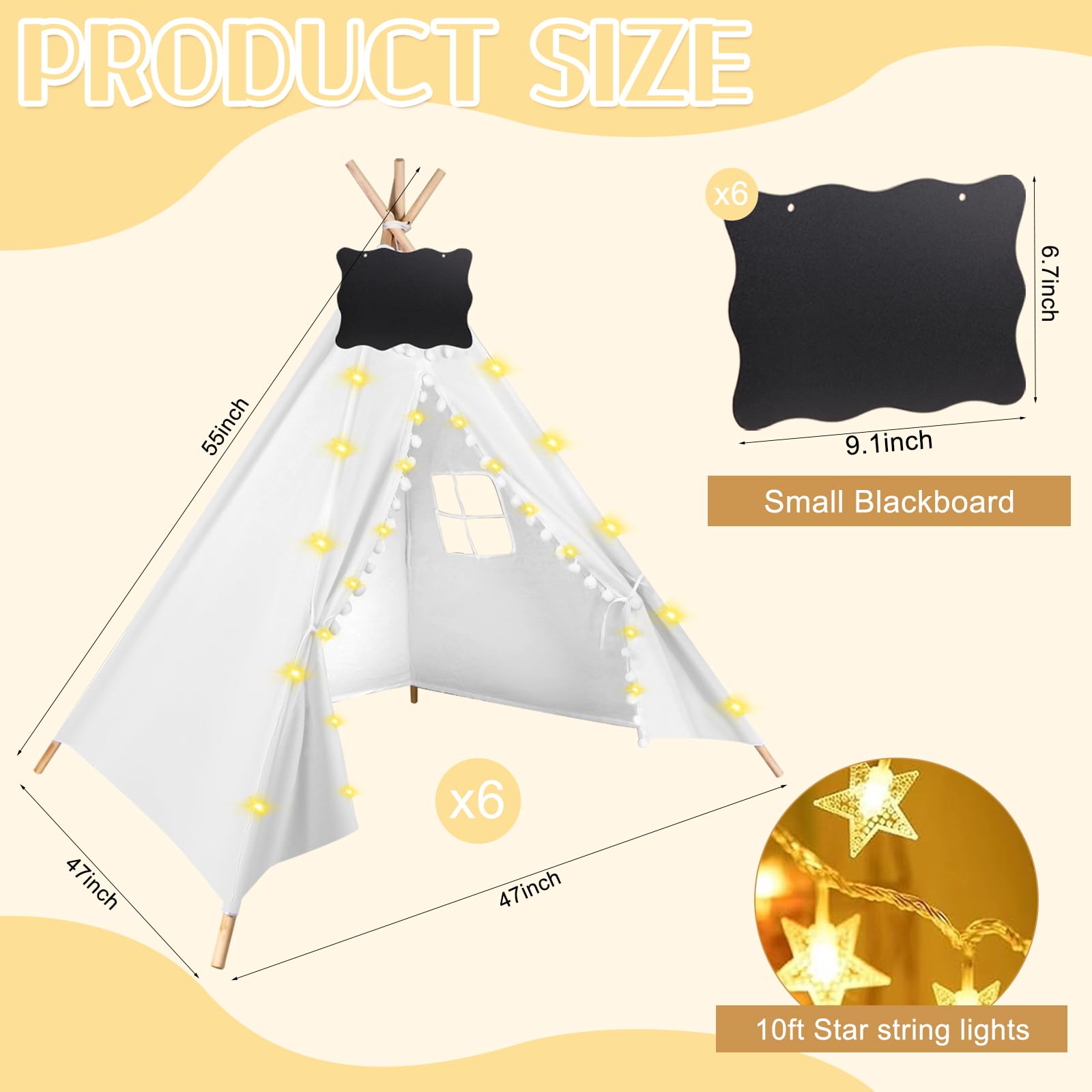 6 Pack Kids Teepee Tent with 10FT String Lights - Indoor/Outdoor Play Tent for Girls & Boys, Foldable Boho Tent for Birthday Parties, Sleepovers & Backyard Camping (White) - Perfect for Playrooms, Bedrooms & Outdoor Adventures