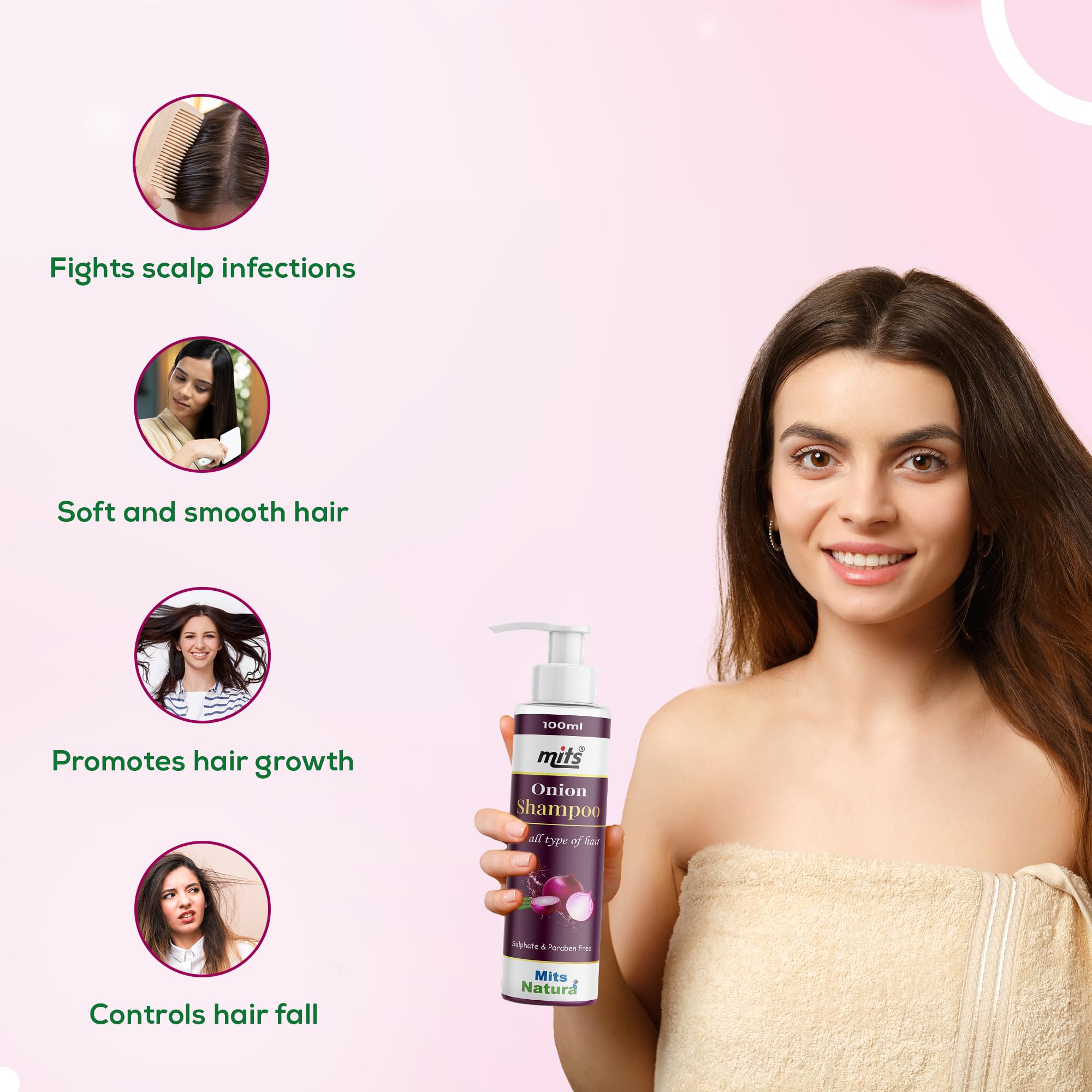 Mits Natural Onion Shampoo for Hair Growth & Hair Loss Control - With Aloe Vera, Curry Leaf, Amla, Brahmi & Neem Extracts - Anti Dandruff Treatment - Strengthens Hair Follicles - Promotes Silky Smooth Shiny Hair - Perfect for Daily Hair Care & Scalp Nourishment