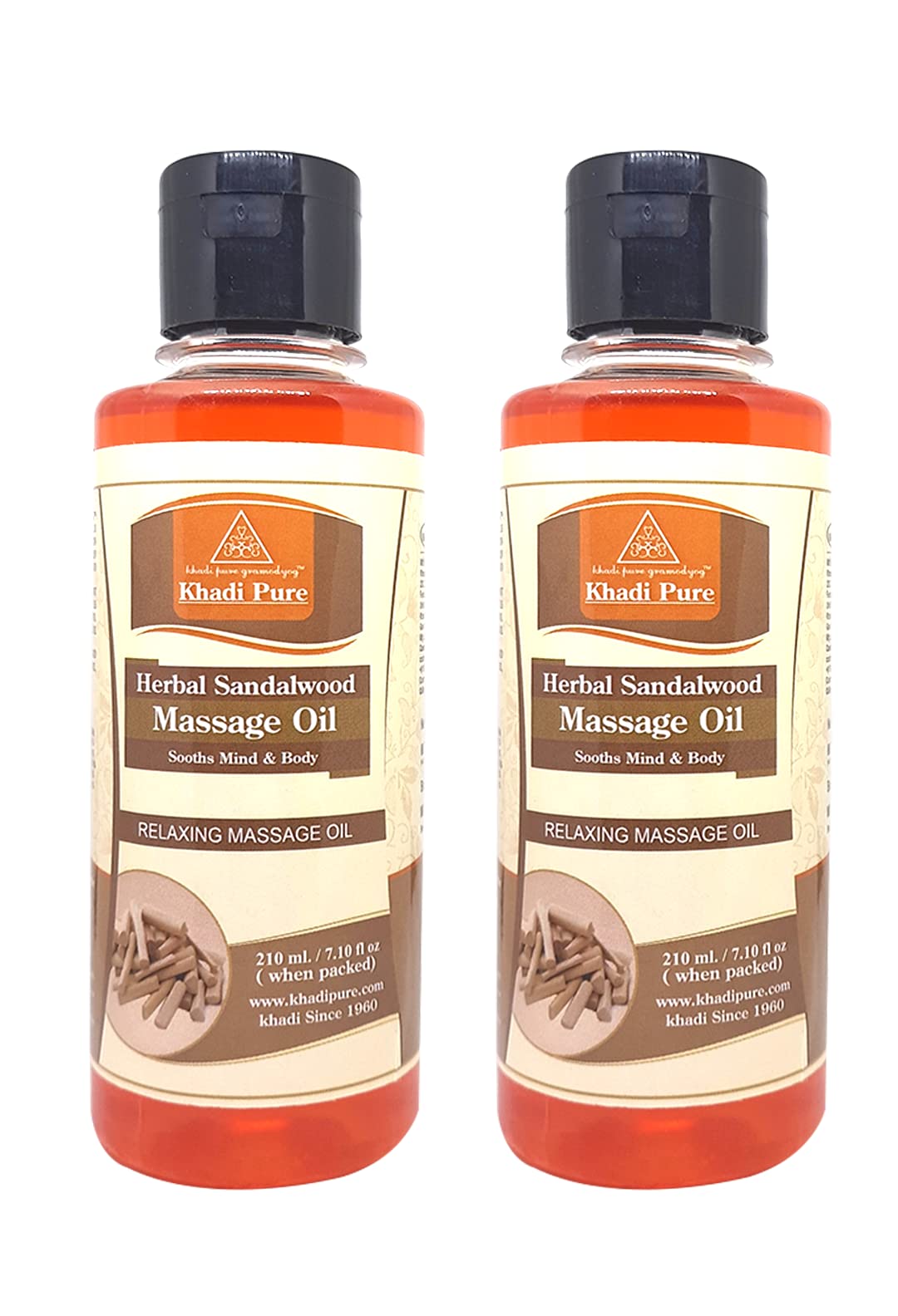 Khadi Pure Herbal Sandalwood Massage Oil for Relaxation & Aromatherapy - 210ml (Pack of 2) - Perfect for Stress Relief, Skin Care & Spa Treatments at Home