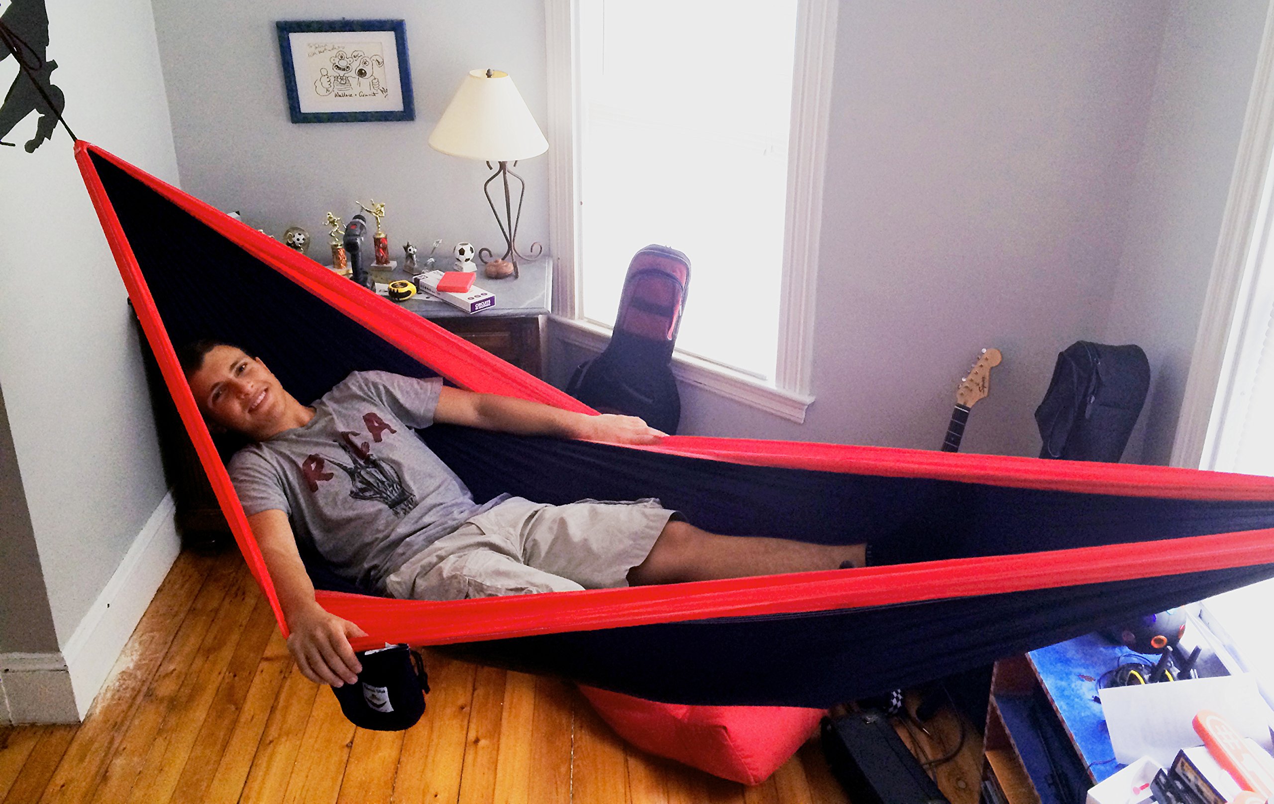 Best Single Camping Hammock - Ultra Lightweight & Portable for Outdoor Adventures, Hiking, Travel - Extra Long Design for Maximum Comfort - Perfect for Backpacking, Beach Trips & Backyard Relaxation (Navy/Red)