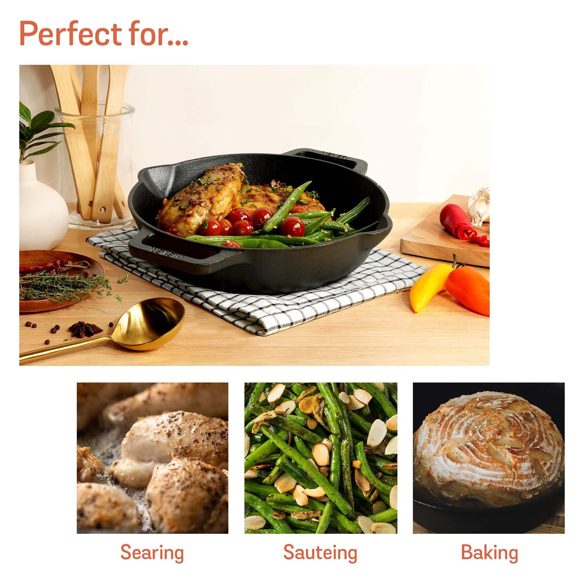 Premium Meyer Pre-Seasoned Cast Iron Skillet – 22cm (1.3L) Black Frying Pan with Dual Side Handles for Gas & Induction Stoves | Durable Cast Iron Cookware for Searing, Baking & Camping | Perfect for Steaks, Cornbread & Outdoor Cooking