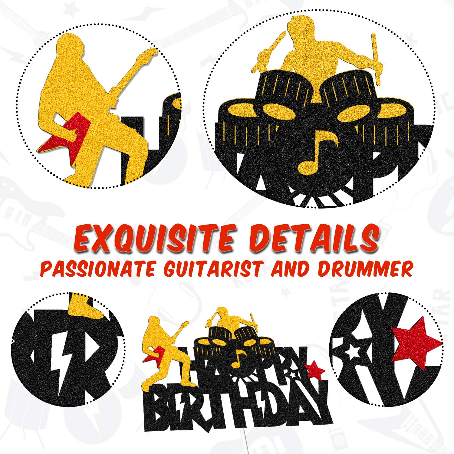 Rock and Roll Music Cake Topper - Happy Birthday Sign with Drums, Guitar & Musical Notes - Glitter Black Cake Decorations for Rock Themed Parties | Perfect for Musician Birthday Cakes & Rock n' Roll Celebrations