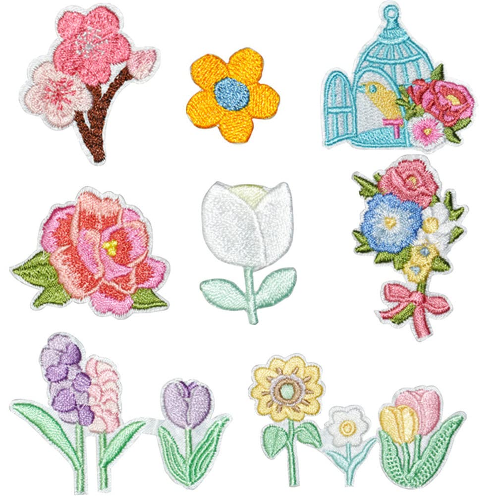 8pcs Floral Iron On Patches - Embroidered Sew On Applique for Jeans, Jackets & DIY Clothing (White) - Perfect for Customizing Denim, Bags & Home Decor