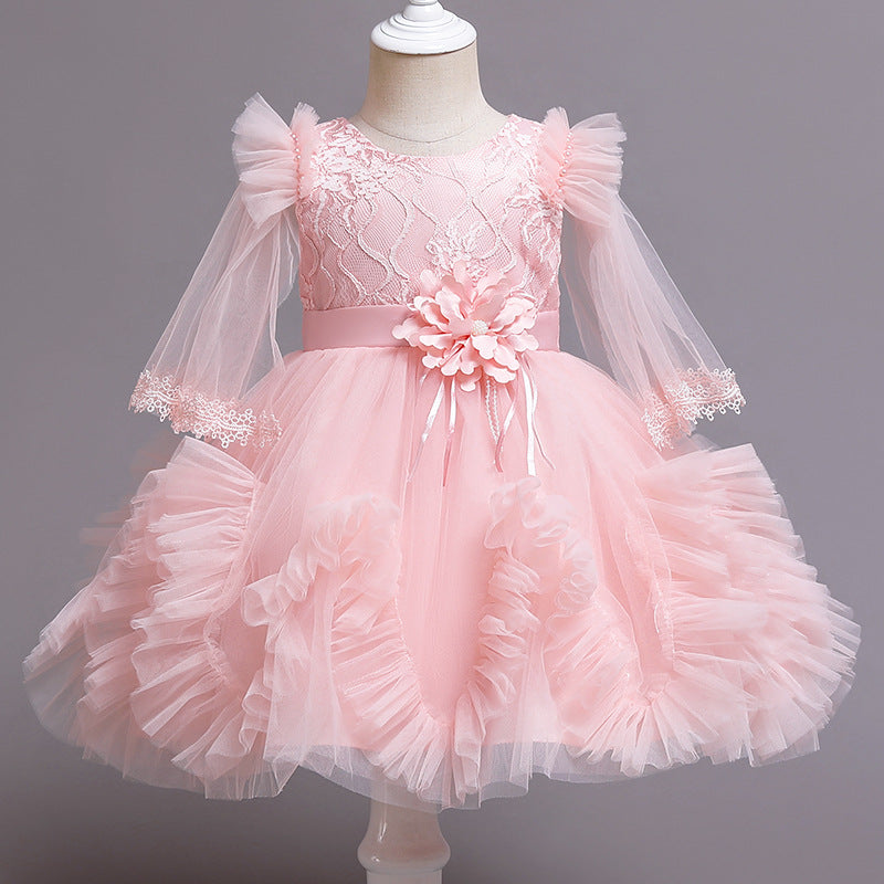 Elegant Princess Tea Length Lace Flower Girl Dress with Long Sleeves - Perfect for Weddings, Birthday Parties & Special Occasions
