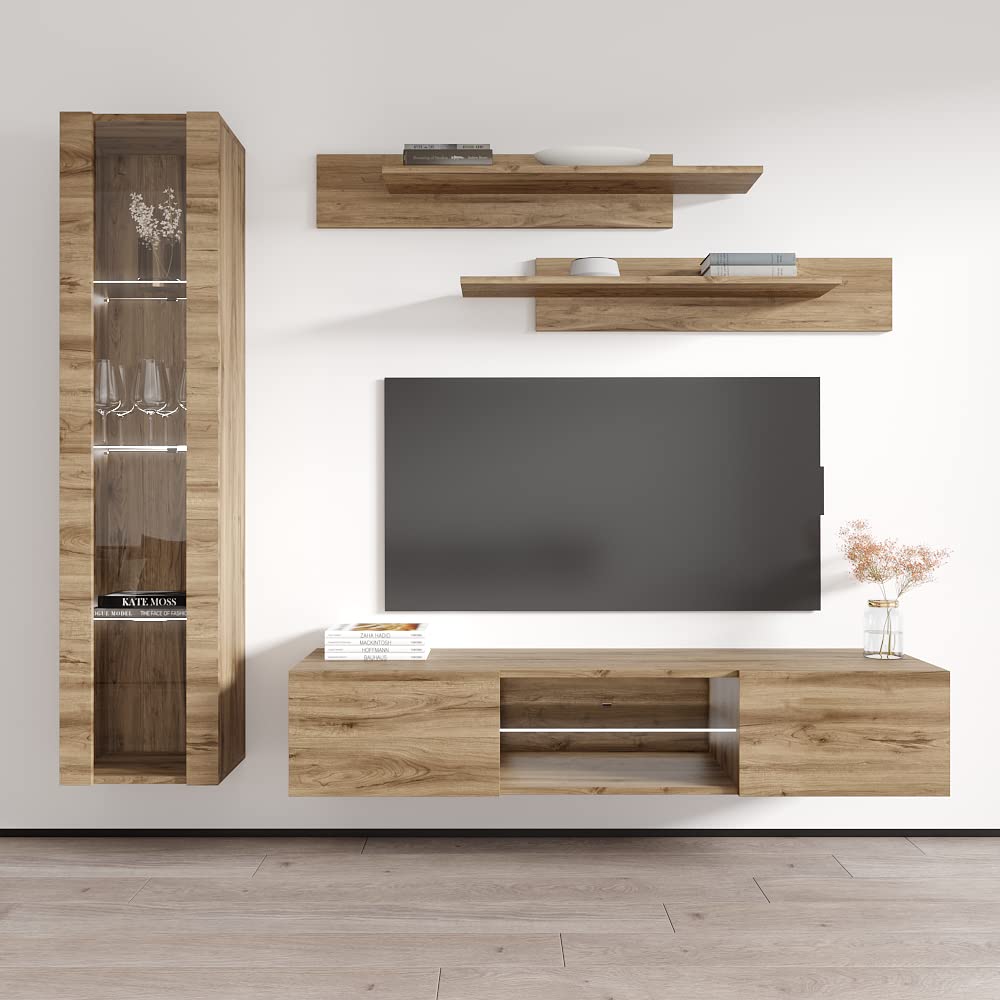 Modern Oak Wall-Mounted TV Stand with Storage Shelves & LED Lights - Floating Entertainment Center for Bedroom & Living Room - Perfect for Small Spaces & Home Theater Setups - Meble Furniture Fly G2 33TV Stand