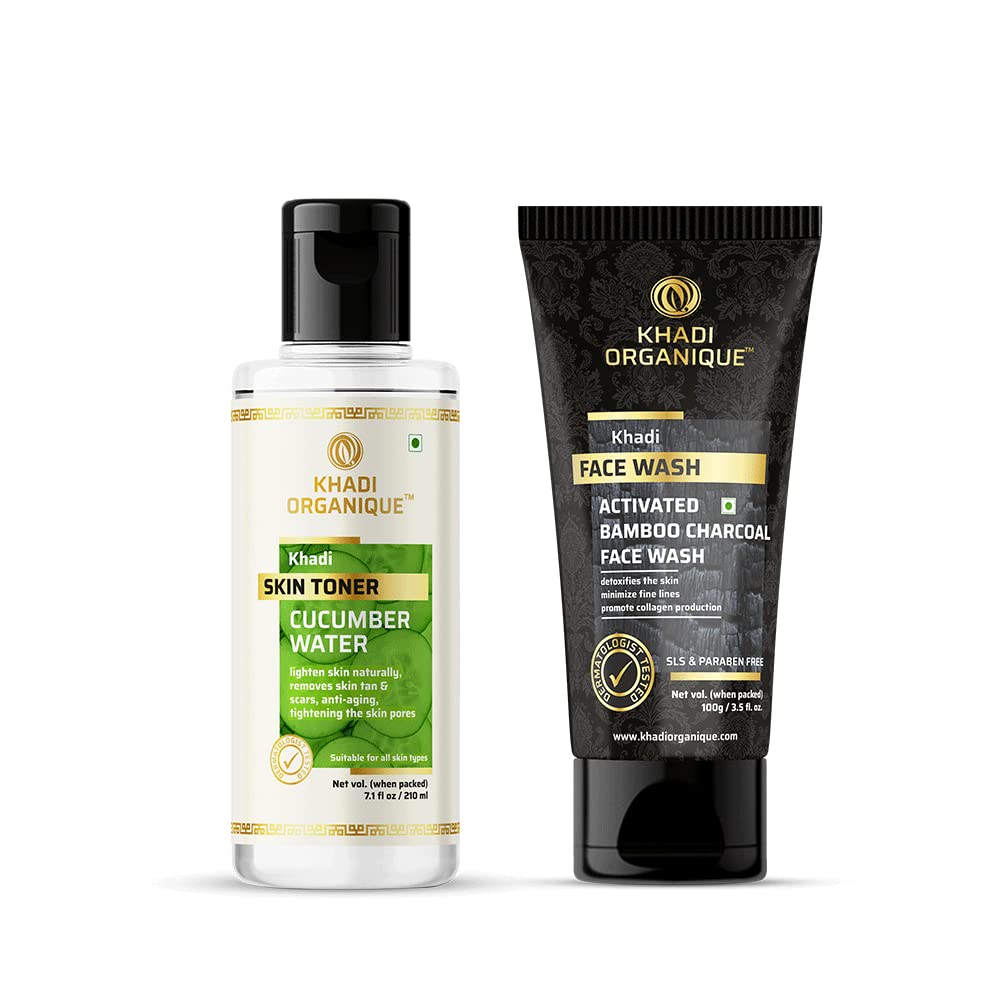Khadi Organique Cucumber Water & Activated Charcoal Skin Toner - Removes Dead Skin Cells, Dirt & Pollutants | Refreshing Facial Toner for Oily & Acne-Prone Skin | Perfect for Daily Skincare Routine & Post-Cleansing Treatment