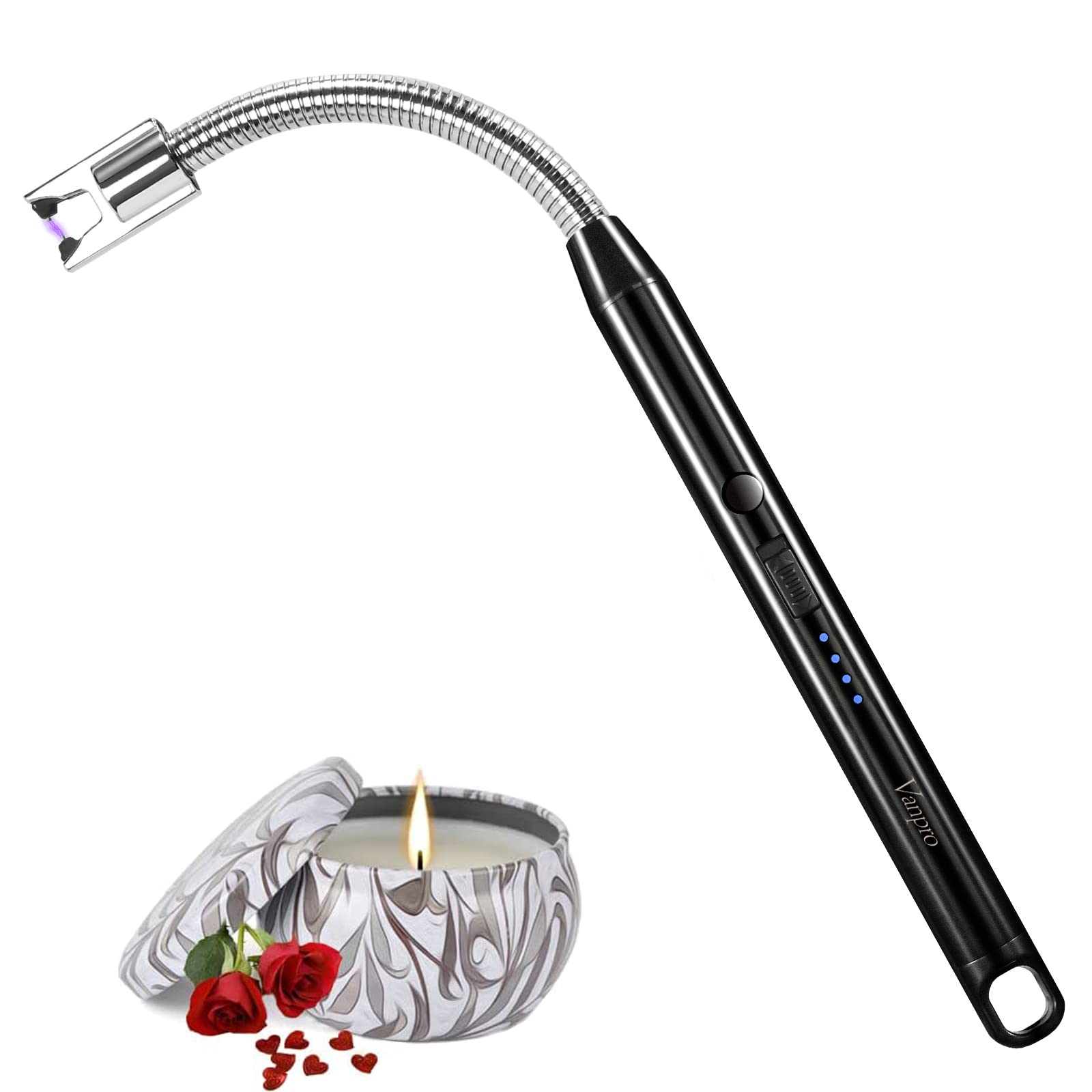 Vanpro Rechargeable Arc Lighter with LED Battery Display - 360° Flexible Neck Flameless Lighter for Candles, Gas Stoves, Camping & BBQ - Perfect for Home, Kitchen, Outdoor Adventures (Black)