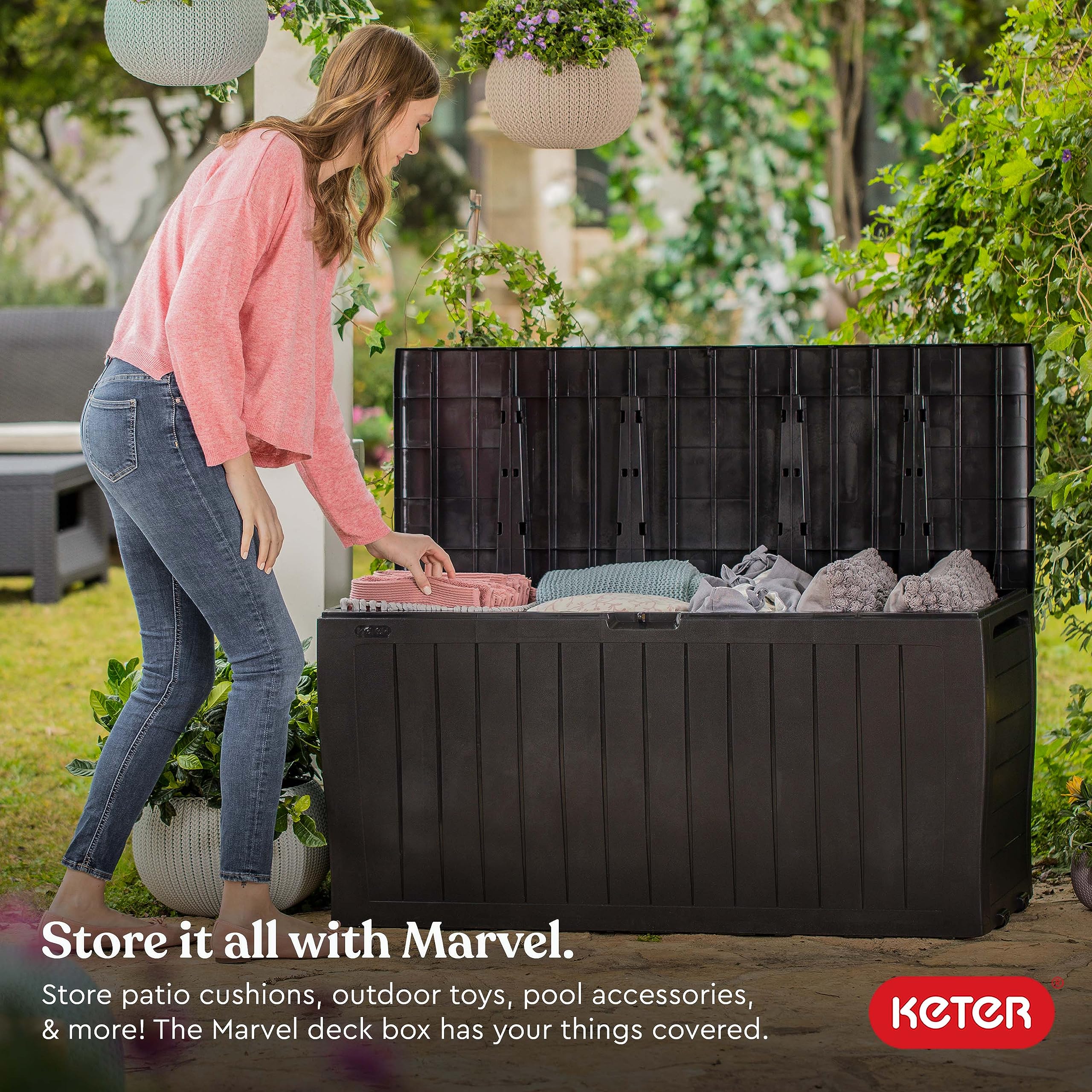 Keter Marvel Plus 71 Gallon Resin Outdoor Storage Box - Weatherproof Patio Furniture Cover for Cushions, Pillows, Garden Tools & Pool Accessories (Brown) - Perfect for Backyard, Deck & Poolside Organization