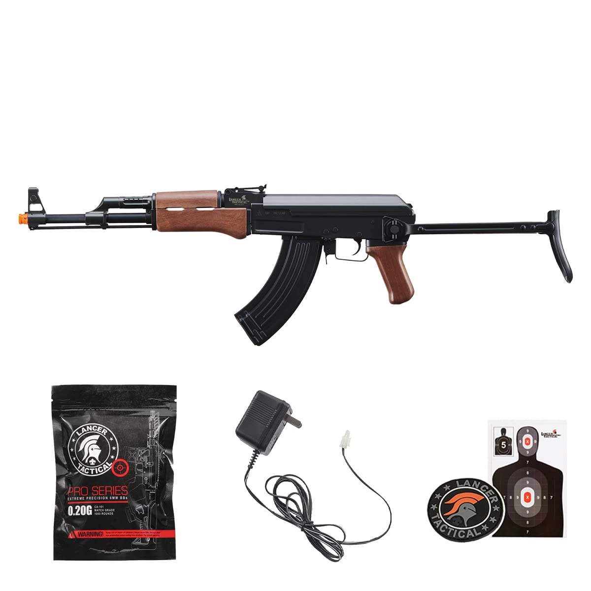 Lancer Tactical AK47 AEG Airsoft Rifle - Full Metal High FPS Electric Gun with Folding Stock, 600 Round Magazine, Battery & Charger Included (Black/Faux Wood) - Perfect for Milsim, Airsoft Battles & Tactical Training