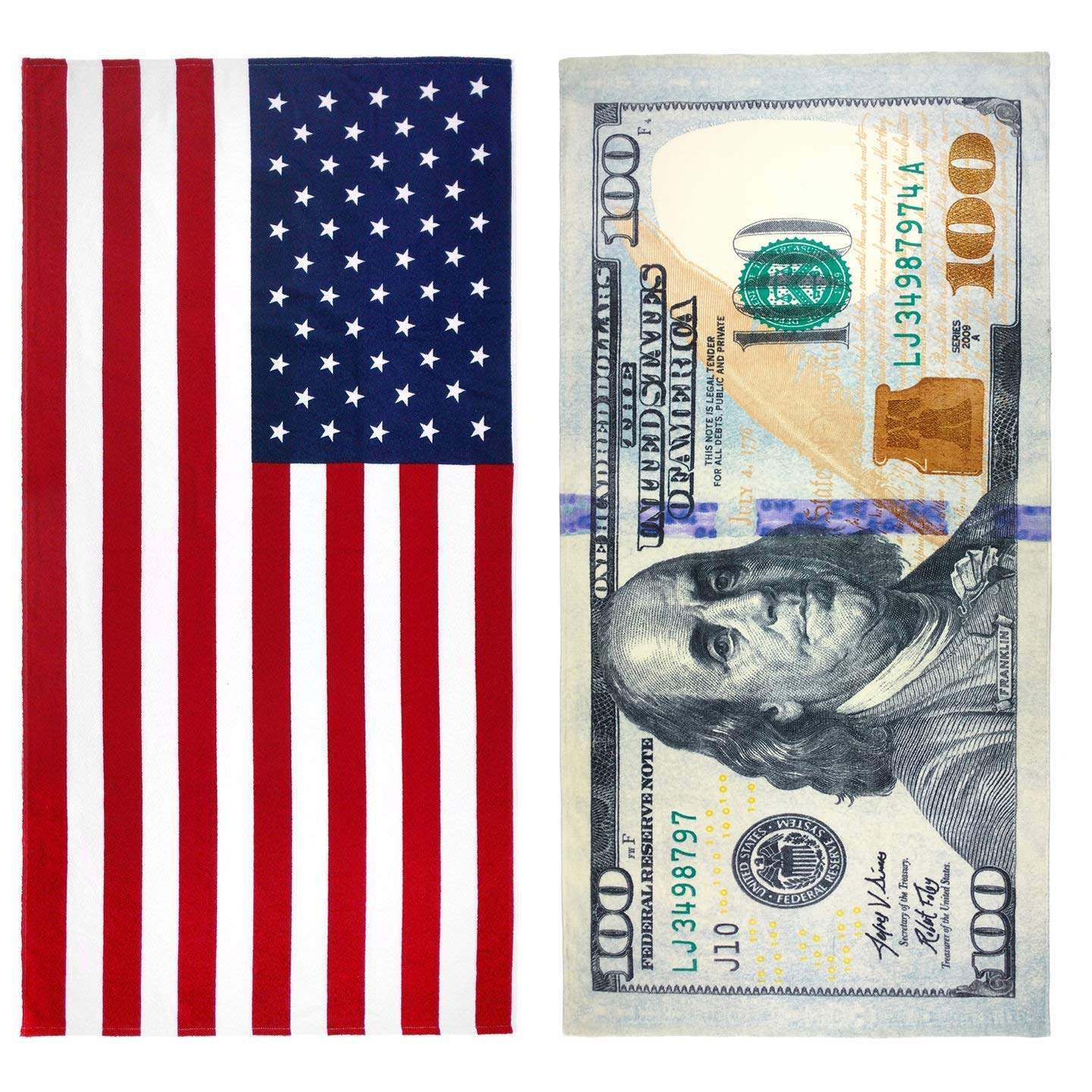 Kaufman Printed Beach and Pool Towel Set - 100% Cotton, 30x60 Inches, American Flag & 100 Dollar Bill Design - Perfect for Swimming, Sunbathing, and Patriotic Outdoor Activities