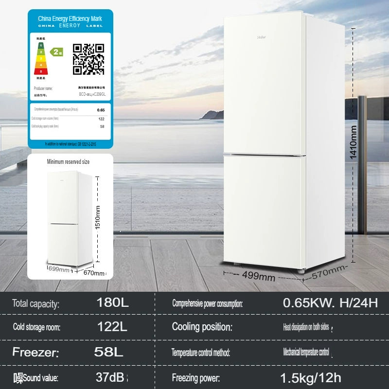 Haier BCD-180LHC200GL 180L 2-Door White Mini Refrigerator - Compact Freezer for Dorm, Office, Apartment & Small Spaces
