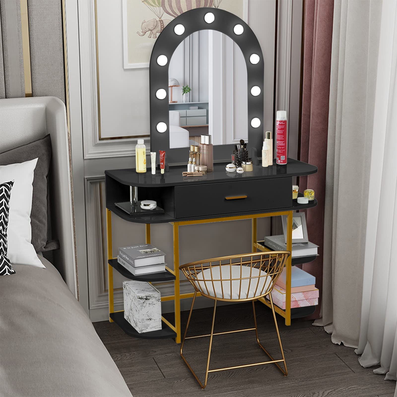 TOHOSP Large Vanity Table with LED Lighted Mirror & 6 Drawers, 9 Adjustable Lights, 6 Spacious Shelves - Perfect for Makeup, Dressing Room & Bedroom Organization