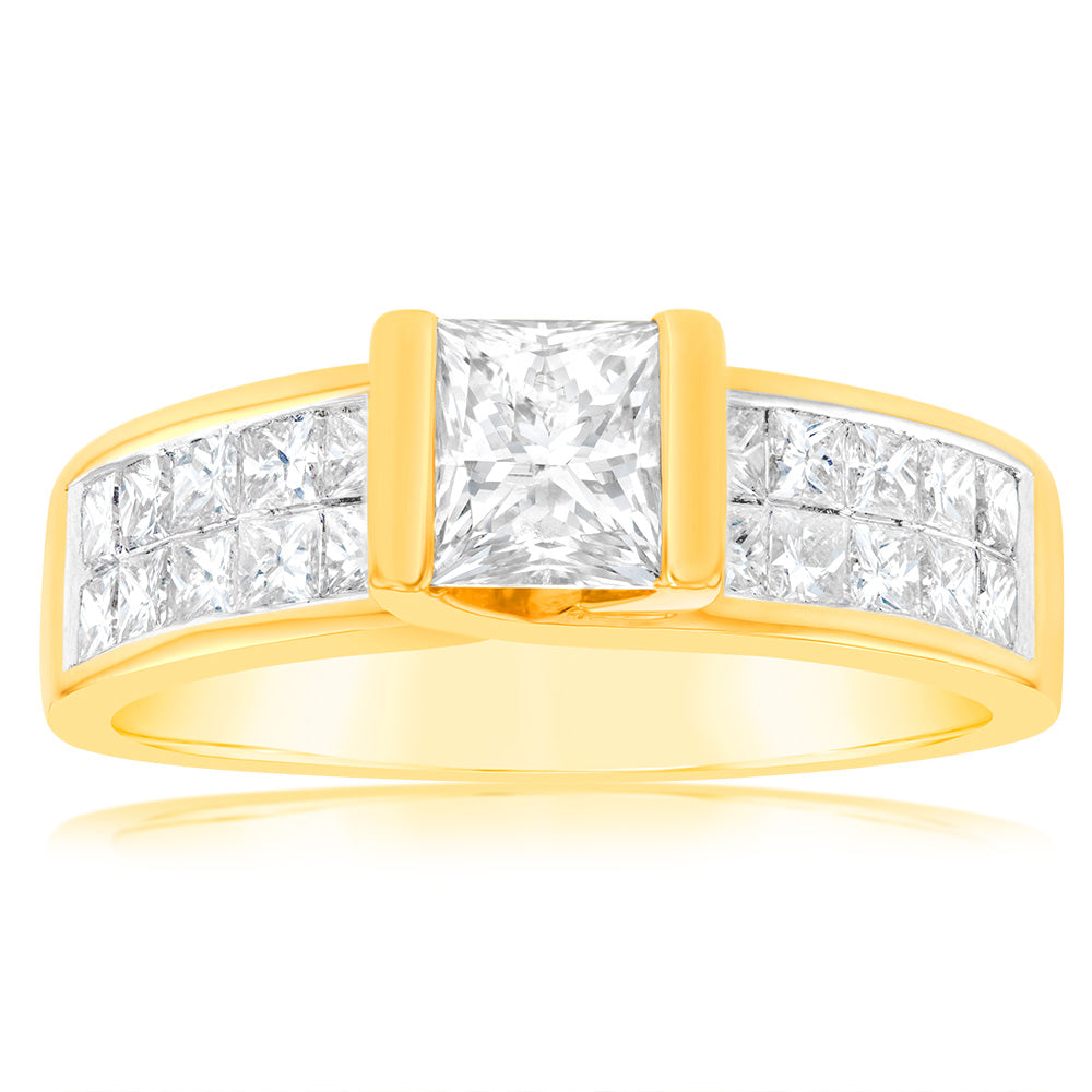 18ct Yellow Gold 'Princess Celia' Diamond Ring - 2 Carats Genuine Diamonds, Elegant Engagement & Wedding Jewelry for Women