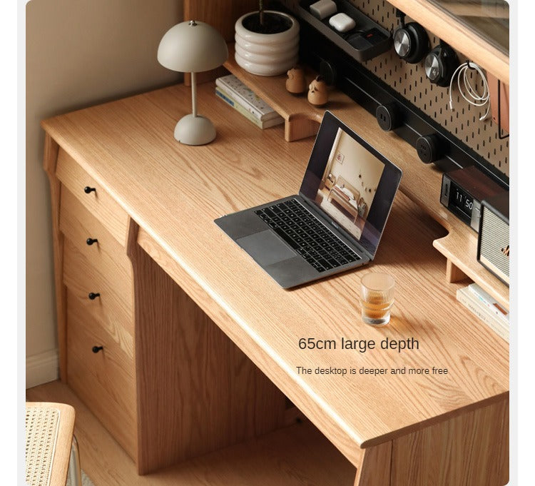 Solid Oak & Cherry Wood Desk Bookshelf with Warm LED Lighting - Perfect for Home Office, Study Room, and Library Organization