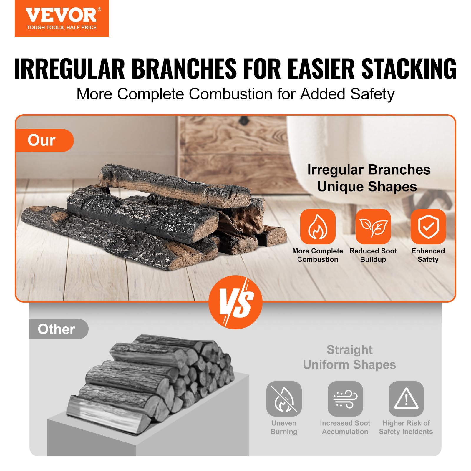 VEVOR 8-Piece Realistic Oak Gas Fireplace Logs Set - Heat-Resistant Ceramic Wood Logs for Indoor & Outdoor Fire Pits, Fire Bowls, and Fireplaces - Stackable Natural-Looking Wooden Branches for Cozy Ambiance
