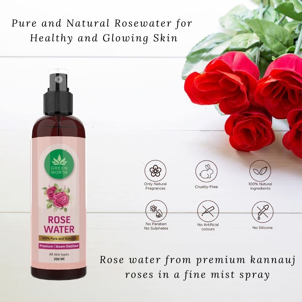 GREEN WORTH Pure & Natural Rose Water Toner Mist Spray - 200ml Steam Distilled Gulab Jal | Alcohol-Free & Chemical-Free Facial Hydration | Refreshing Face Mist for Dry Skin, Makeup Setting & Skin Care Routine