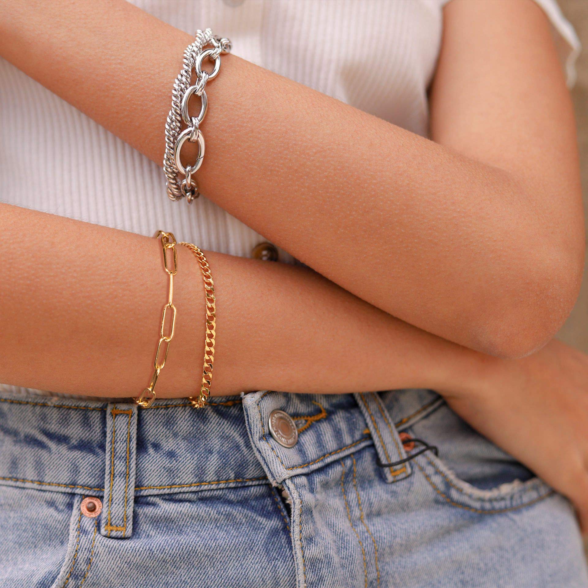 14K Gold Plated Women's Bracelet - Elegant Snake Herringbone Figaro Cuban Bead Chain Jewelry for Everyday Wear & Special Occasions