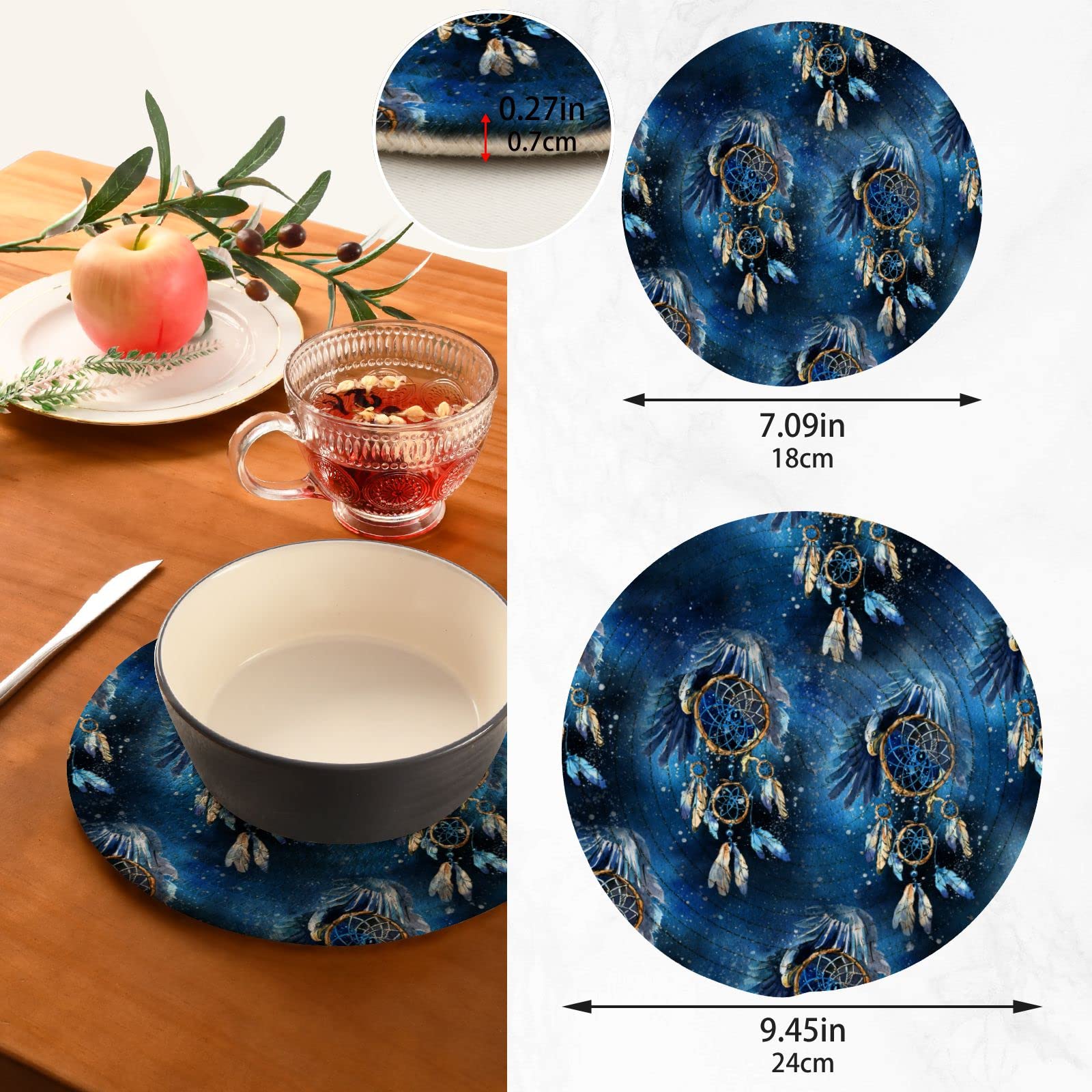 Hawk Dream Catcher Cotton Pot Holders Set of 2 - Heat Resistant Round Kitchen Holders for Hot Pots, Pans, and Baking Dishes - Perfect for Cooking, Serving, and Home Decor