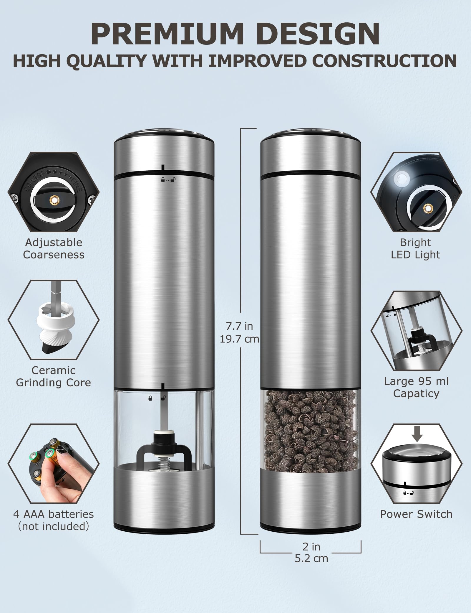 innhom Electric Salt and Pepper Grinder Set - Battery Operated Stainless Steel Automatic Mill with Adjustable Coarseness - Perfect for Kitchen, Dining Table & Outdoor Cooking (1 Pack)