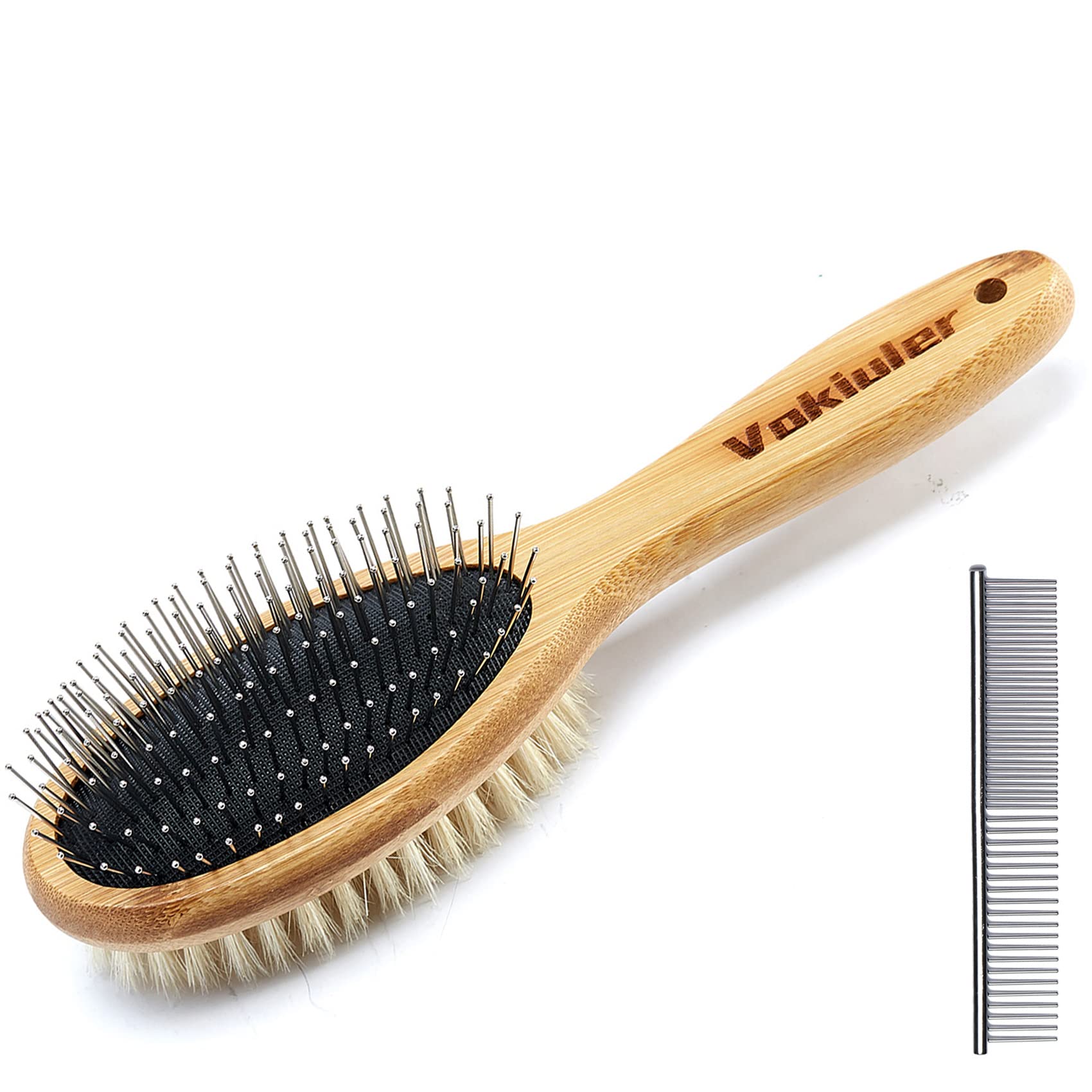 Vokiuler Double Sided Pet Brush - Boar Bristle & Pin Dog Brush for Grooming, Shedding Control for Long & Short Hair Cats & Dogs, Bamboo Handle, 2 Pack White Combs - Perfect for Home Pet Care & Professional Grooming