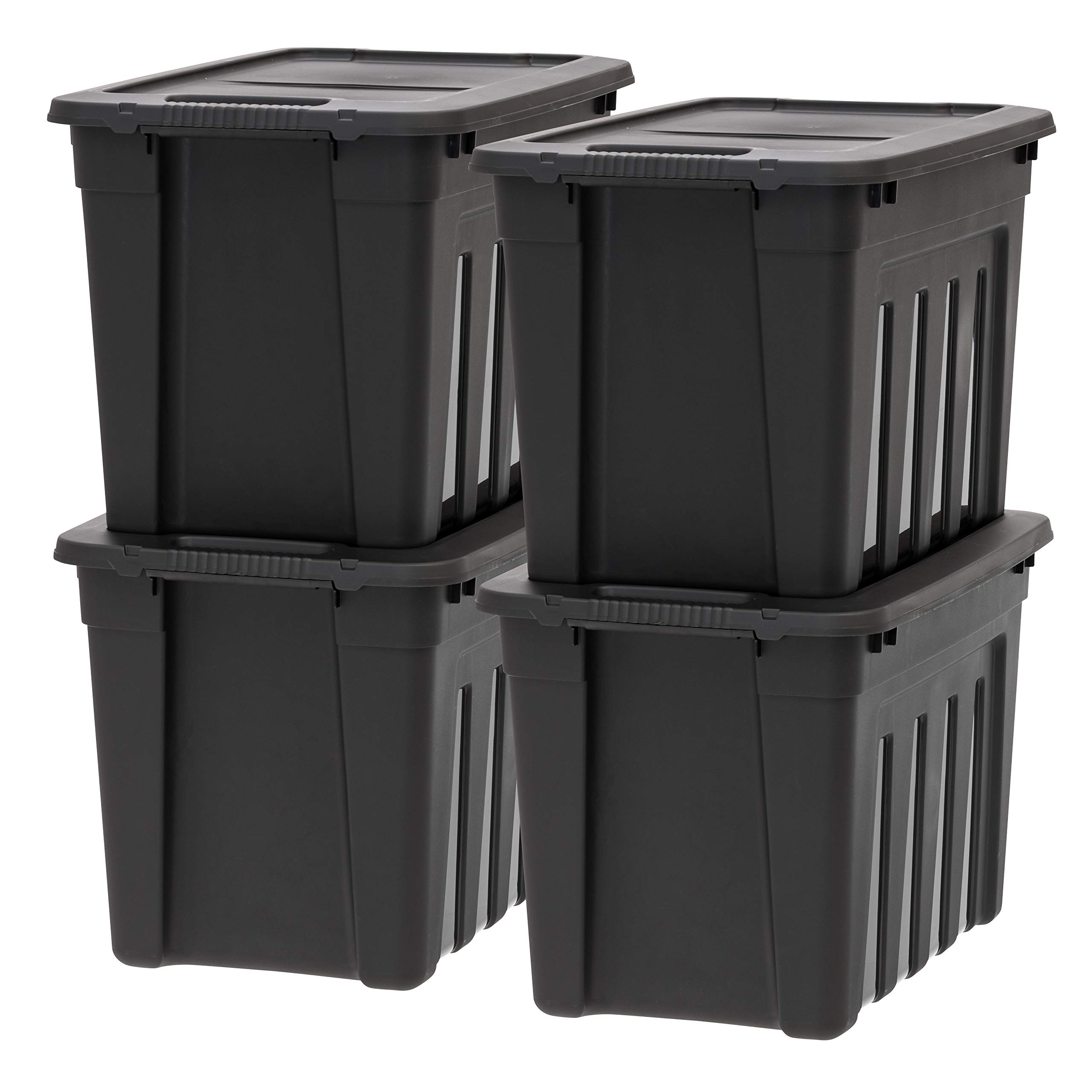 IRIS USA 20 Gallon Heavy Duty Storage Totes with Lids - 4 Pack Stackable Plastic Bins for Garage, Basement & Closet Organization - Durable Utility Containers with Easy-Grip Handles - Made in USA - Perfect for Home Storage, Moving & Seasonal Items - Black