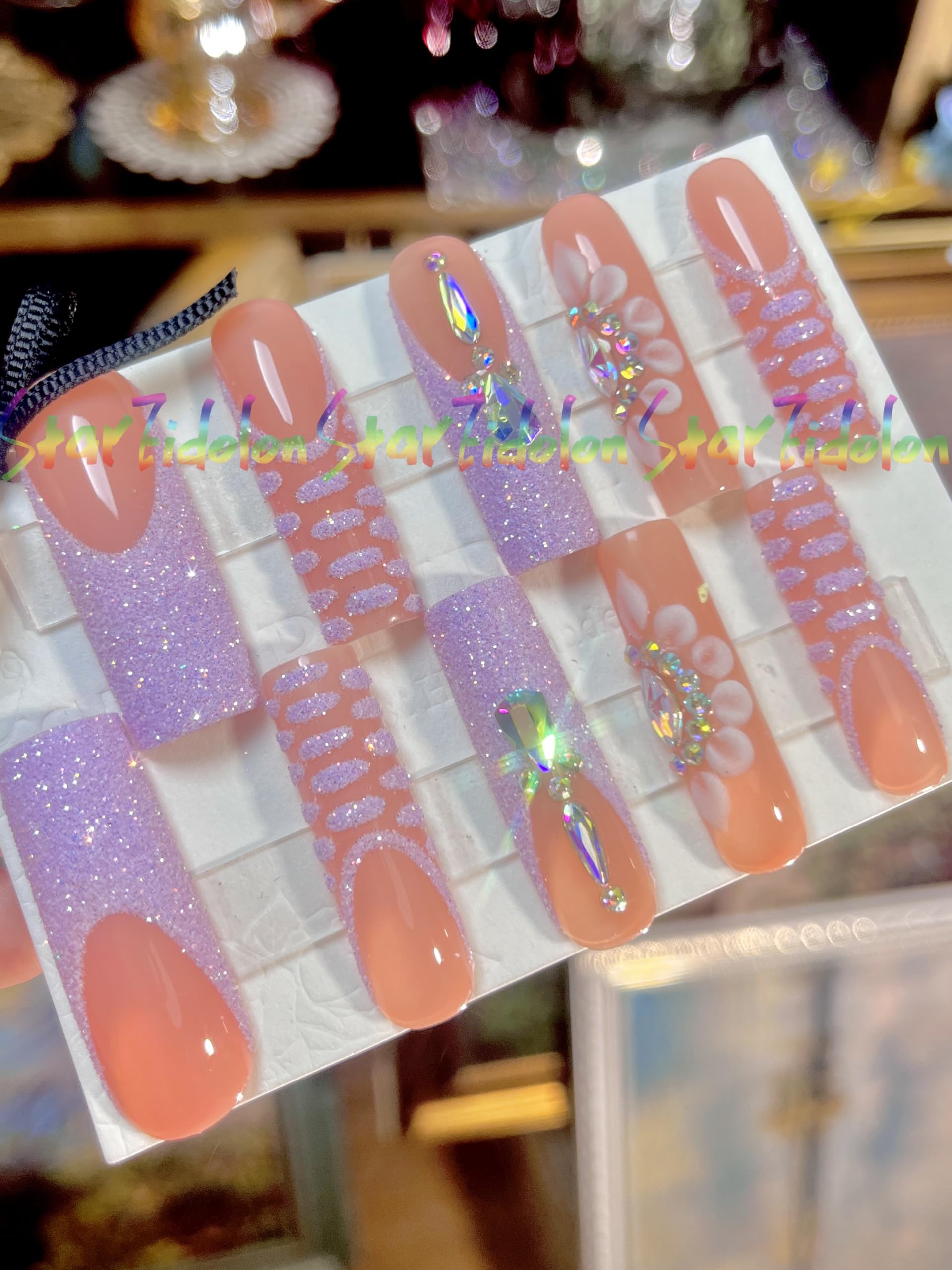 Hand-Painted Purple Press on Nails Kit - Medium Length Coffin & Almond False Nails with Nail Glue - X-Small Size (L1) - Perfect for Parties, Weddings, and Special Occasions