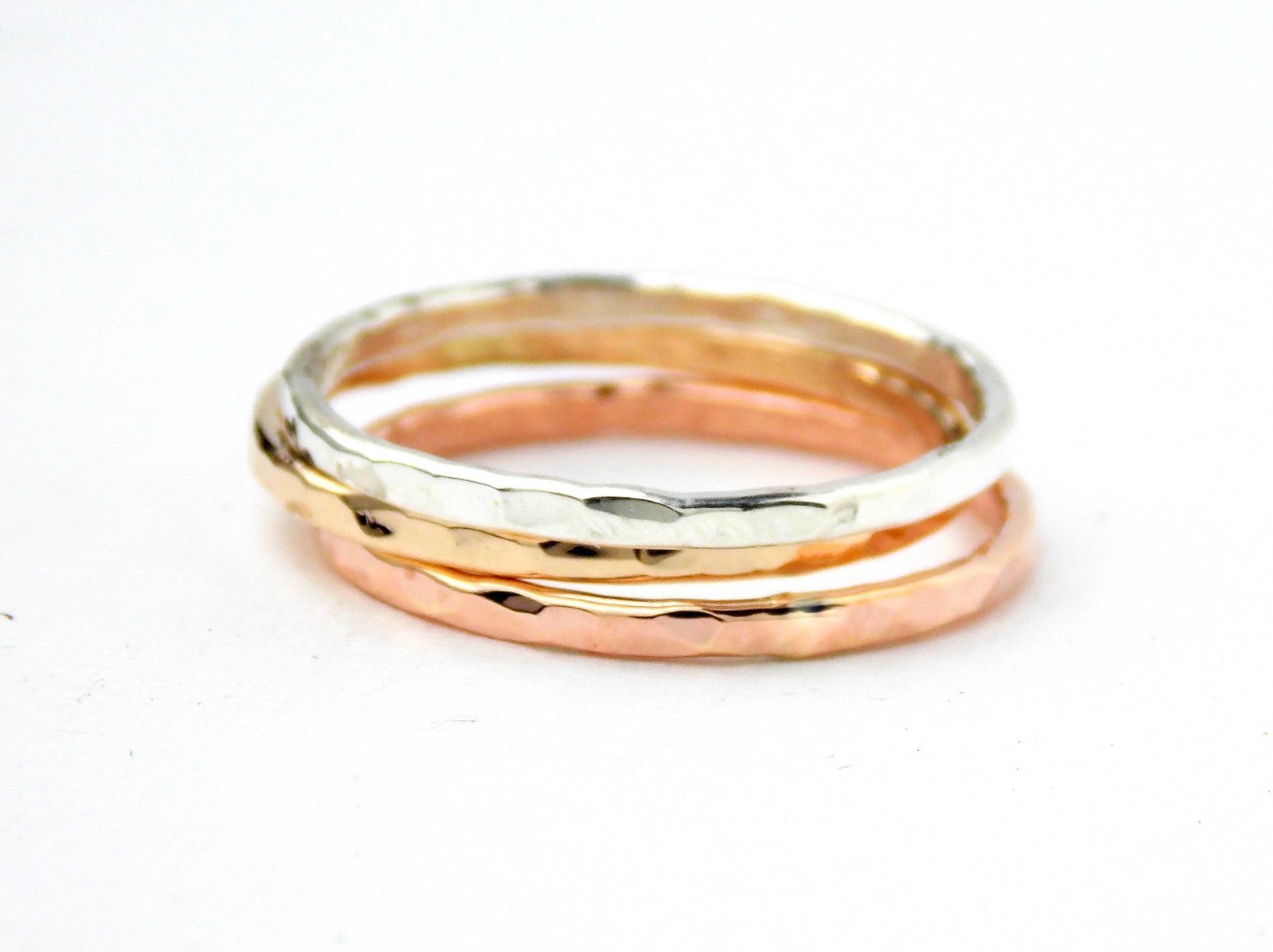 14K Gold-Filled Reflection Stacking Rings Set - Hammered, Dainty, Simple Gold & Silver Skinny Textured Rings for Women | Perfect for Layering, Everyday Wear & Special Occasions