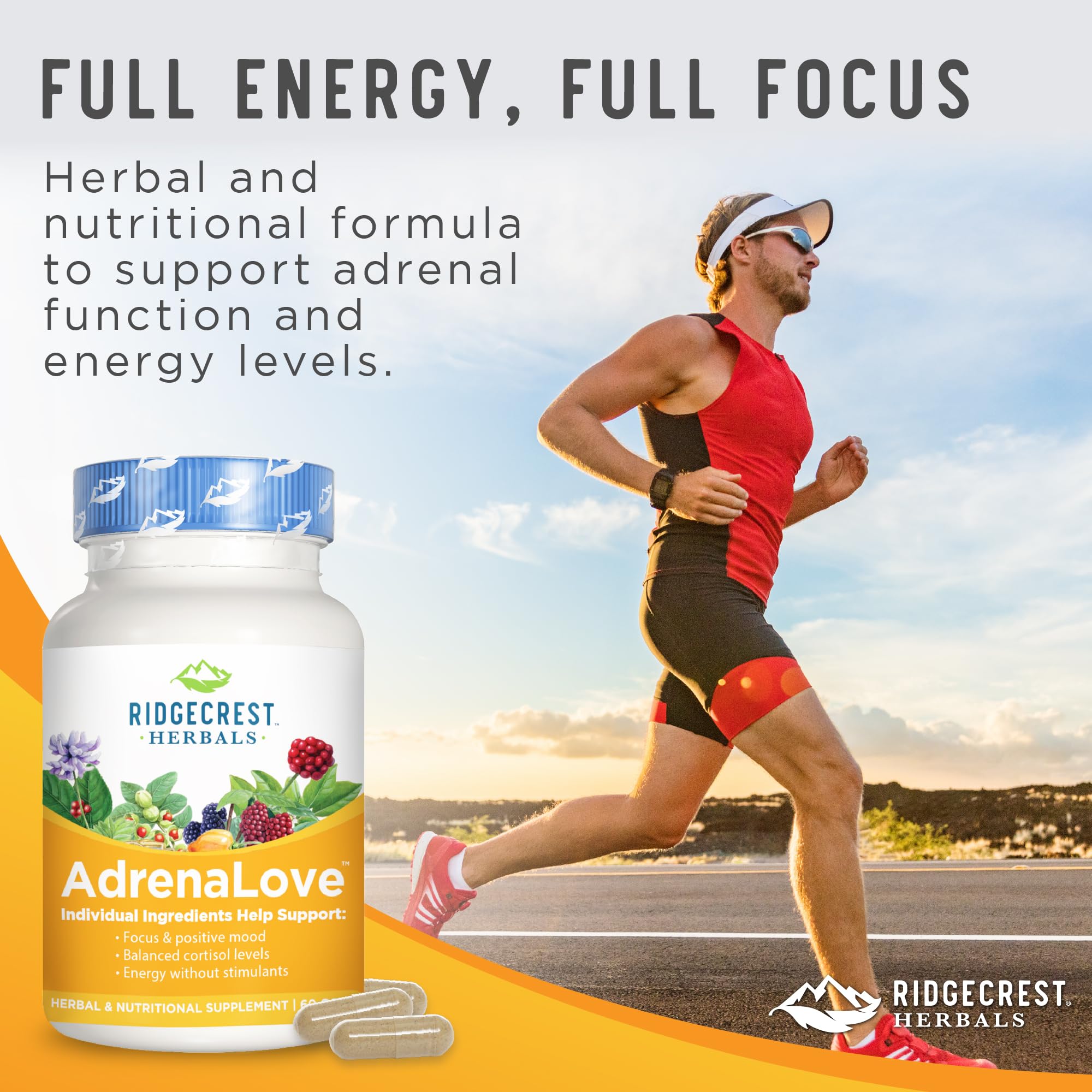 Adrenal Fatigue Supplement with Ashwagandha, L-Theanine & Adaptogens - AdrenaLove by Ridgecrest Herbals (60 Capsules, 30 Servings) for Stress Relief & Energy Support - Perfect for Busy Professionals & Students