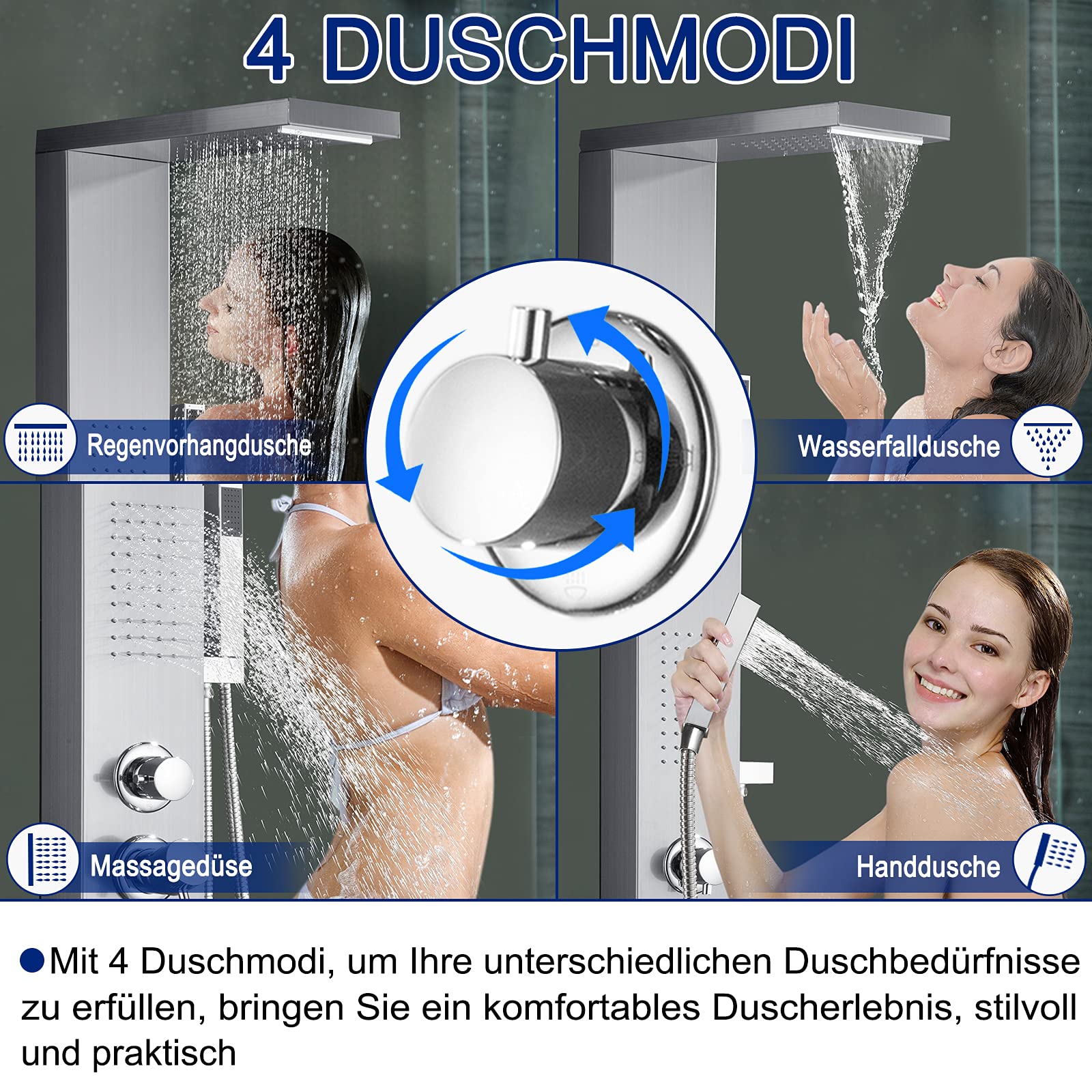 UISEBRT Stainless Steel Hydromassage Shower Panel - 4 Function Shower System with Fixed Showerhead, Massage Jets, Handheld Shower & Bath Spout (Silver) | Perfect for Spa-Like Bathroom Upgrades & Luxury Home Renovations