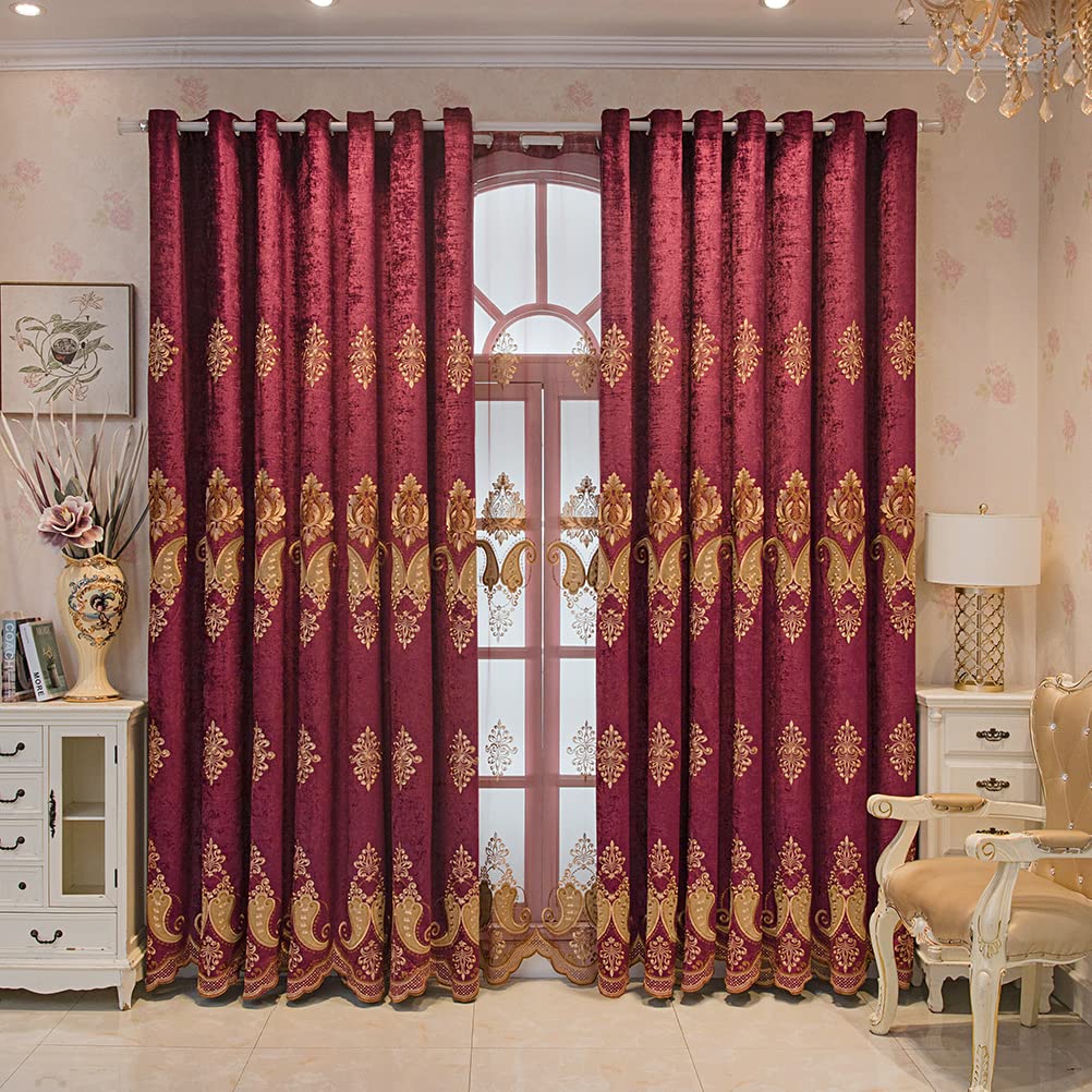 ELKCA Burgundy Red Chenille Curtains with Embroidered Pattern - European Style Living Room Drapes, Holiday Festival Window Treatments, Grommet Top (52
