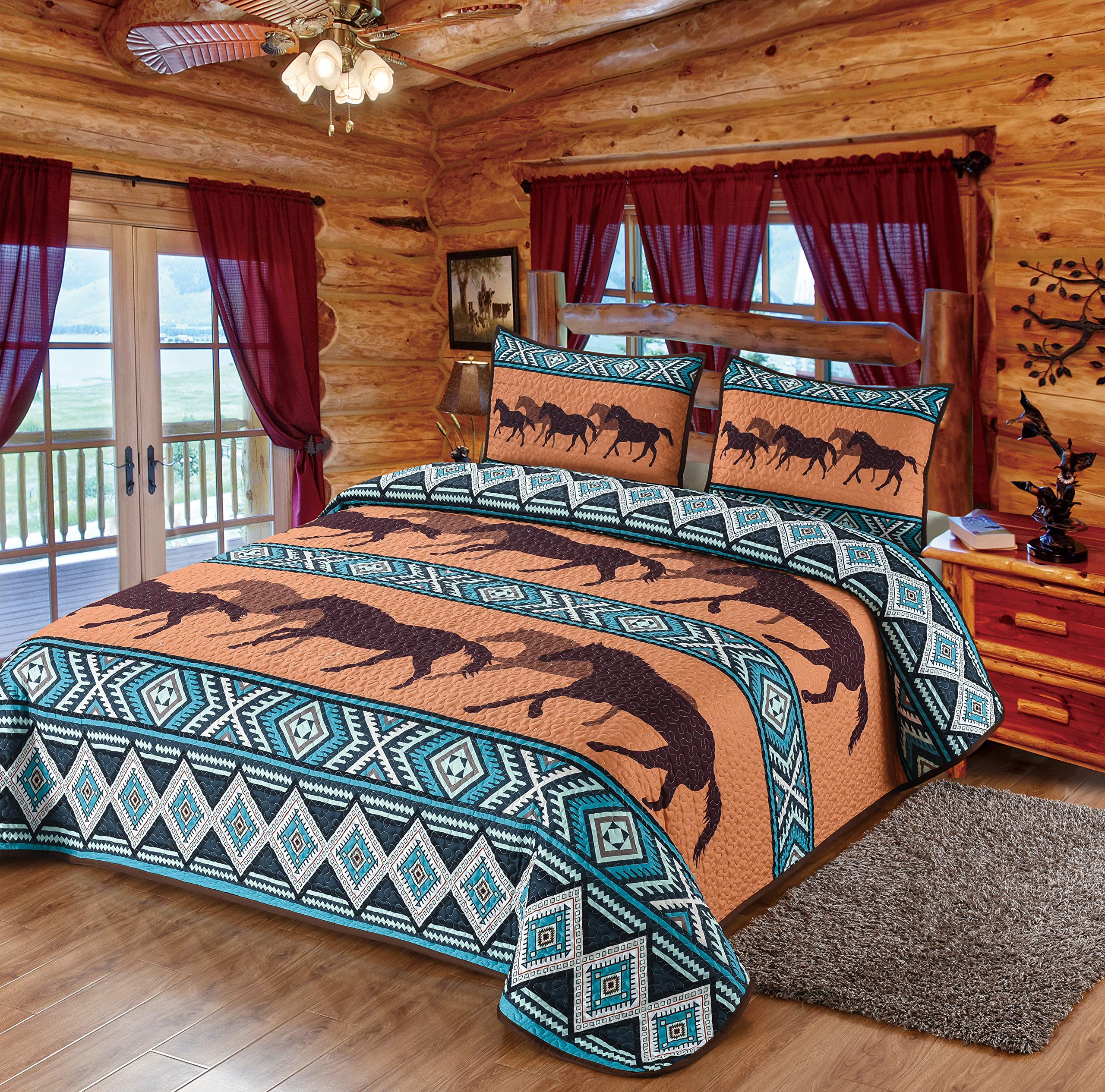 LL Home Dusk Gallops Southwestern Boho Horse Quilt Bedding Set - Queen Size Quilt + 2 Pillow Shams in Orange, Teal, White, Sky Blue & Brown | Western Themed Bedroom Decor for Guest Rooms & Southwestern Style Homes