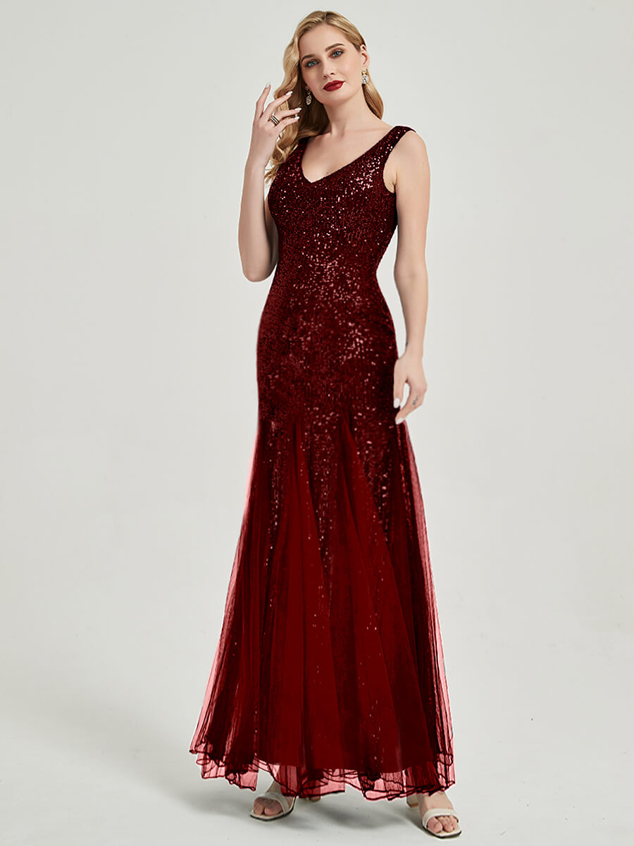 Burgundy Sequin Tulle V-Neck Sleeveless Mermaid Maxi Evening Dress for Prom, Wedding, Gala & Formal Events - Elegant Long Party Gown for Women