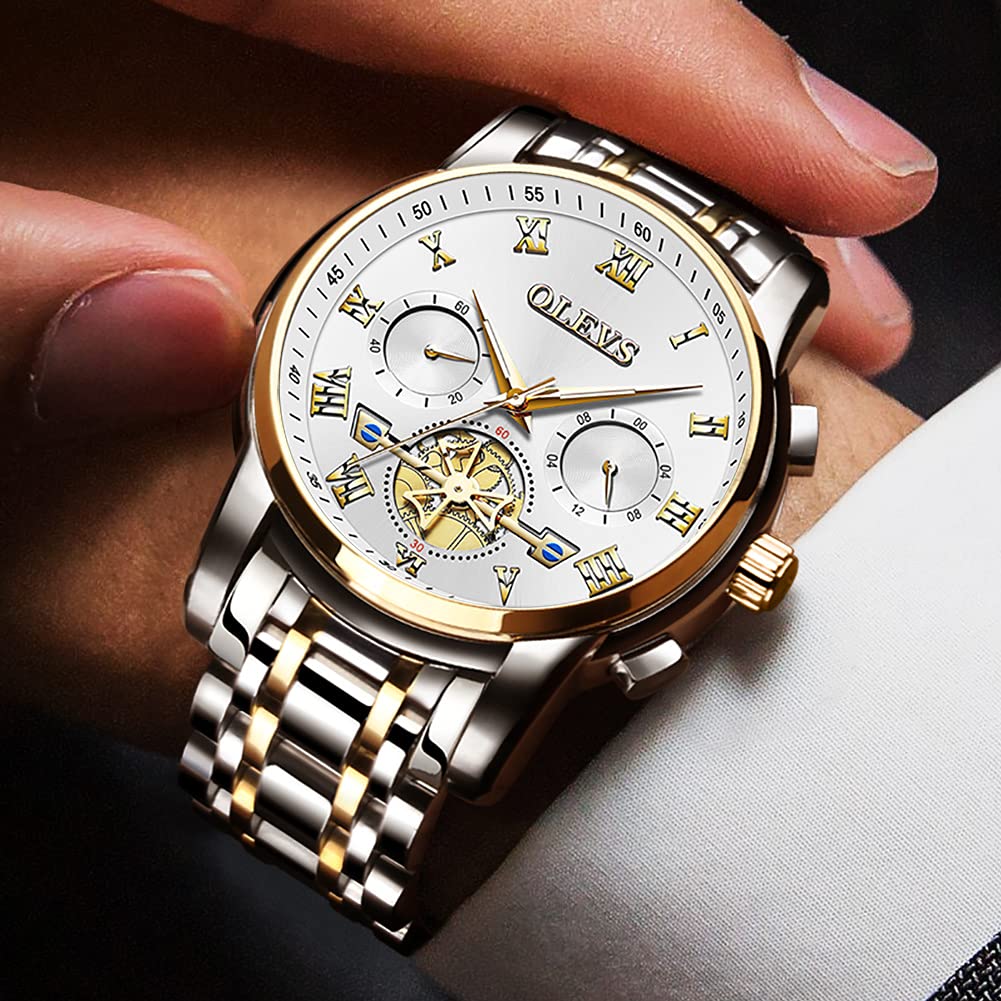 OLEVS Men's Fashion Casual Analog Quartz Watch - Waterproof Stainless Steel Band Dress Watch with Day Window (Gold White Dial) | Perfect for Business, Office, and Formal Occasions