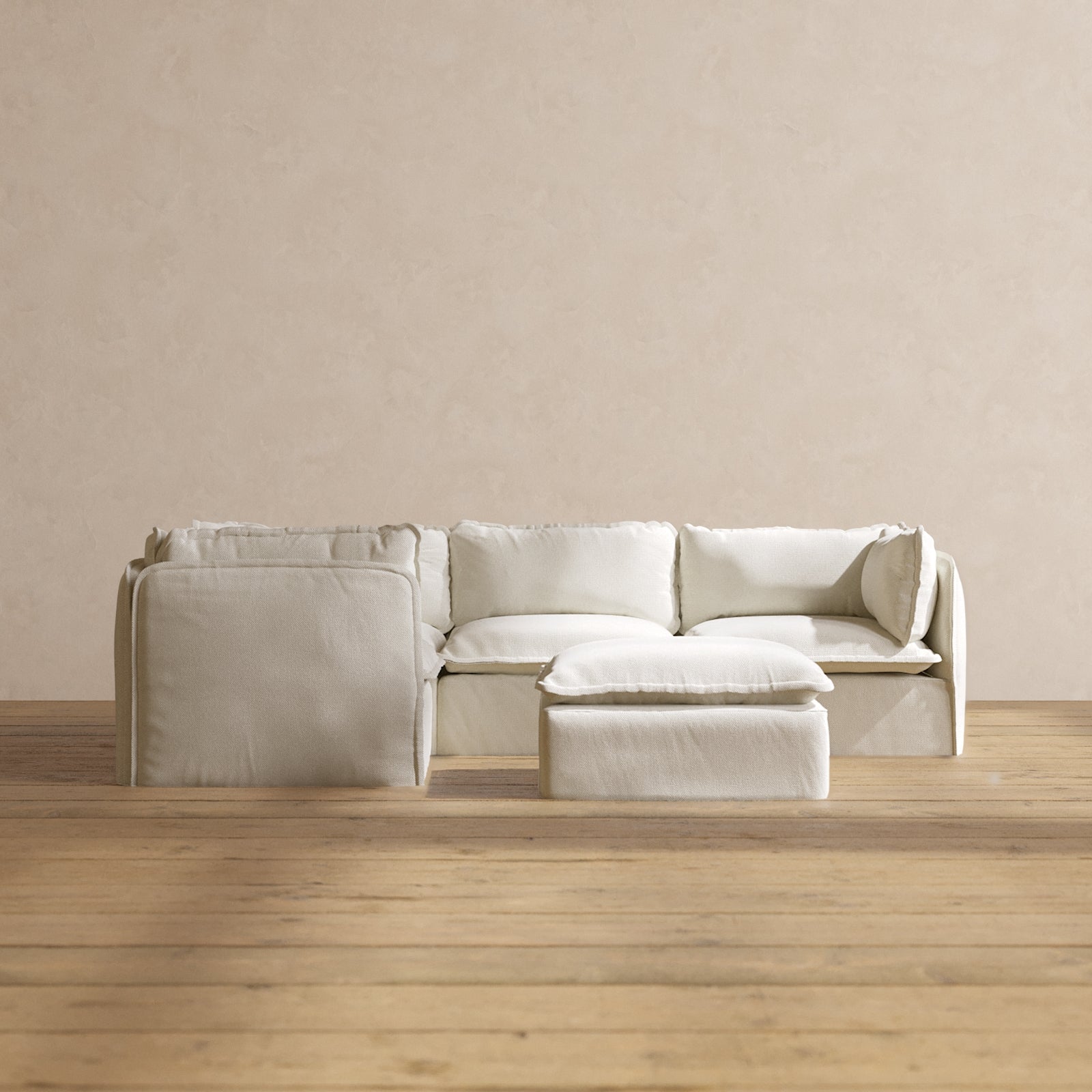 Modular Performance 4-Seater Corner Sectional Sofa with Ottoman in Eggshell | Soft Blend Fabric | Perfect for Living Room, Family Room & Home Theater