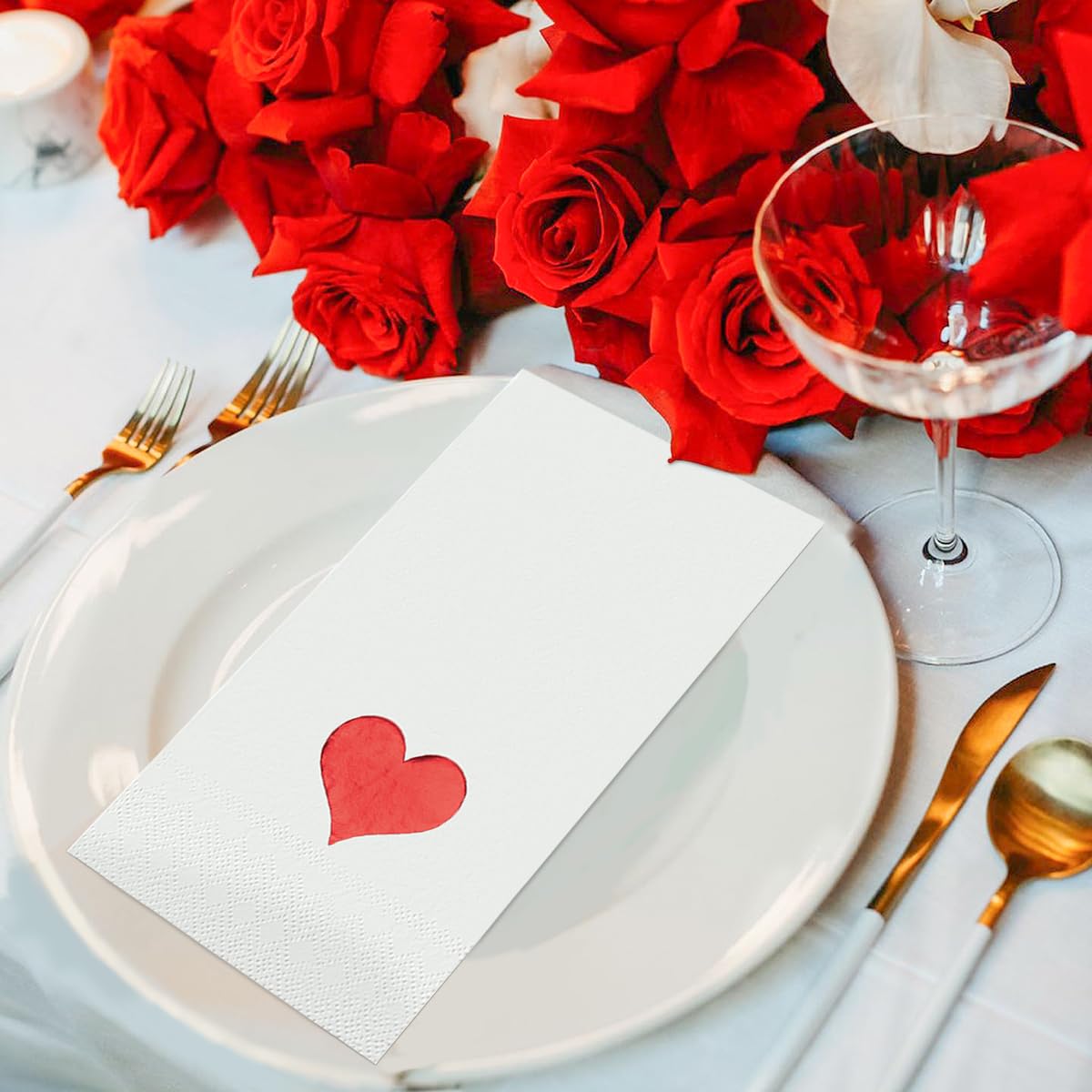 Horaldaily 100-Pack Valentine's Day Disposable Paper Napkins - Red Foil Heart Design for Party, Wedding, Dinner & Kitchen Use | Decorative Guest Hand Towels for Romantic Events & Home Decor