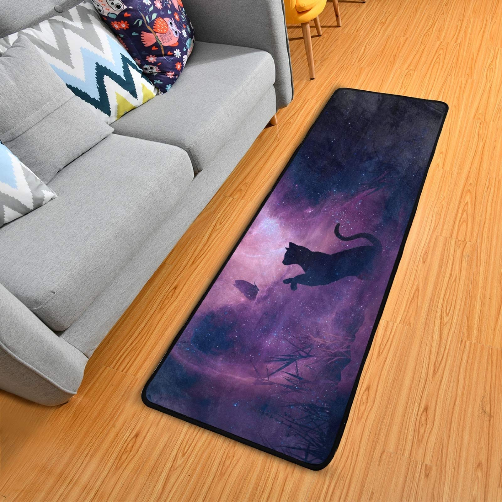 Non-Slip Cat Butterfly Starry Sky Galaxy Runner Rug 2' x 6' - Soft Kitchen Bathroom Carpet, Hallway Entry Doormat for Home Decor & Pet-Friendly Spaces