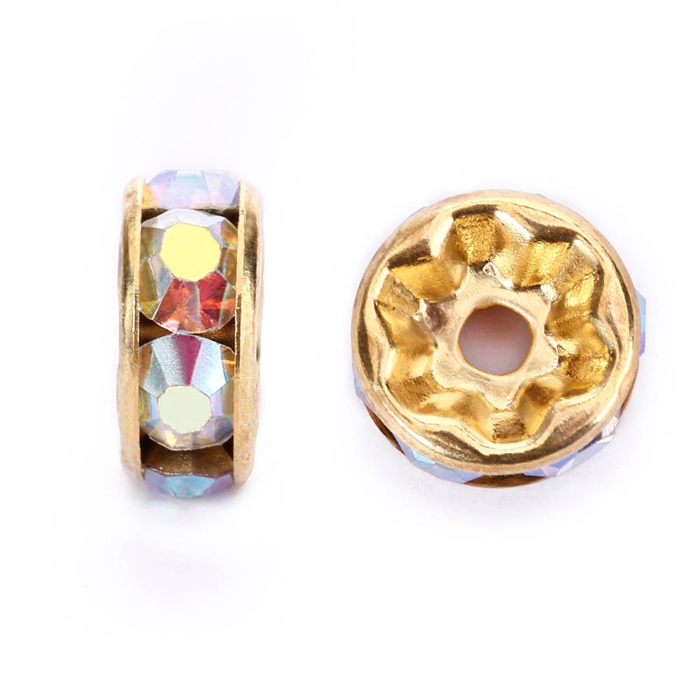 Clear AB Rhinestone Rondelle Spacers Beads - Gold/Silver Tone 4mm 6mm 8mm 10mm (50pcs/Bag) for Jewelry Making, DIY Bracelets, Necklaces & Craft Projects