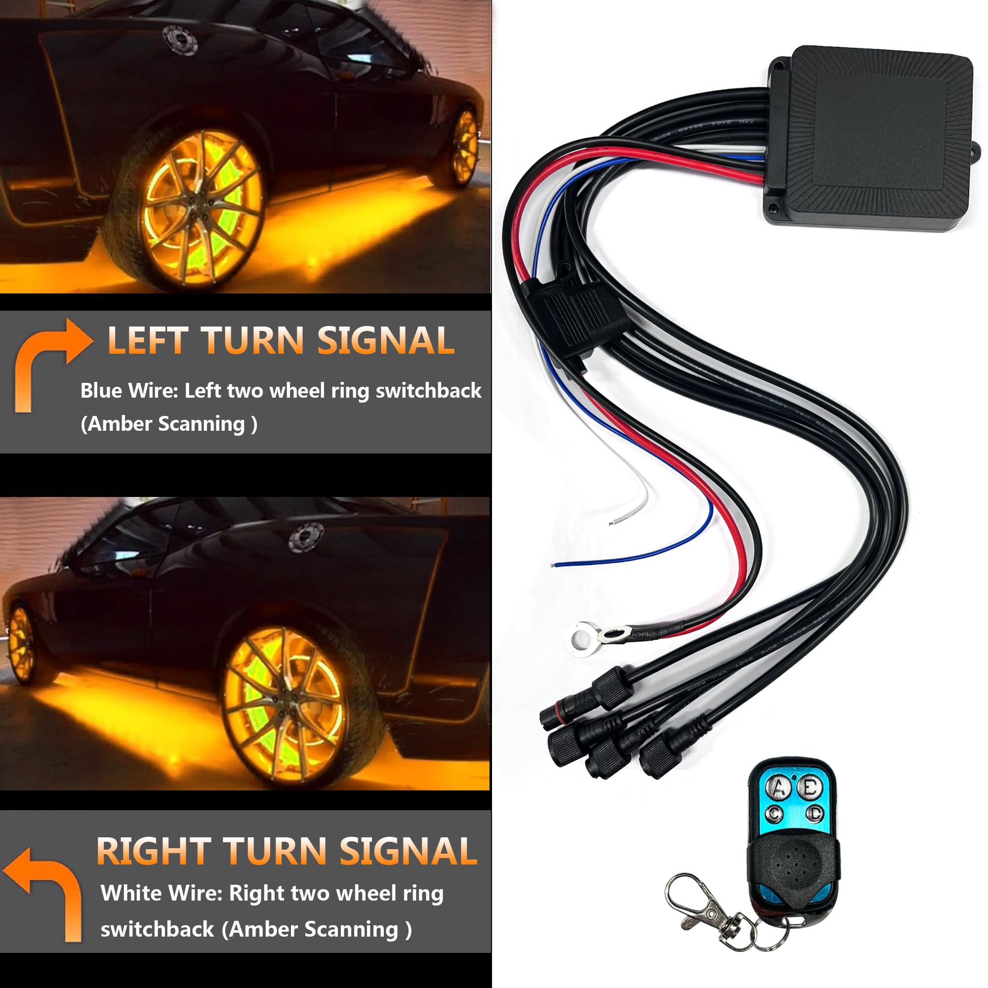 15.5 Inch Quad Row Amber White LED Wheel Ring Lights with Amber Turn Signal Scanning Function, 3924 LEDs, Waterproof IP68, RF Remote Control - for Trucks, Cars, SUVs, Pickups (Ideal for Off-Roading, Night Driving & Custom Vehicle Lighting)