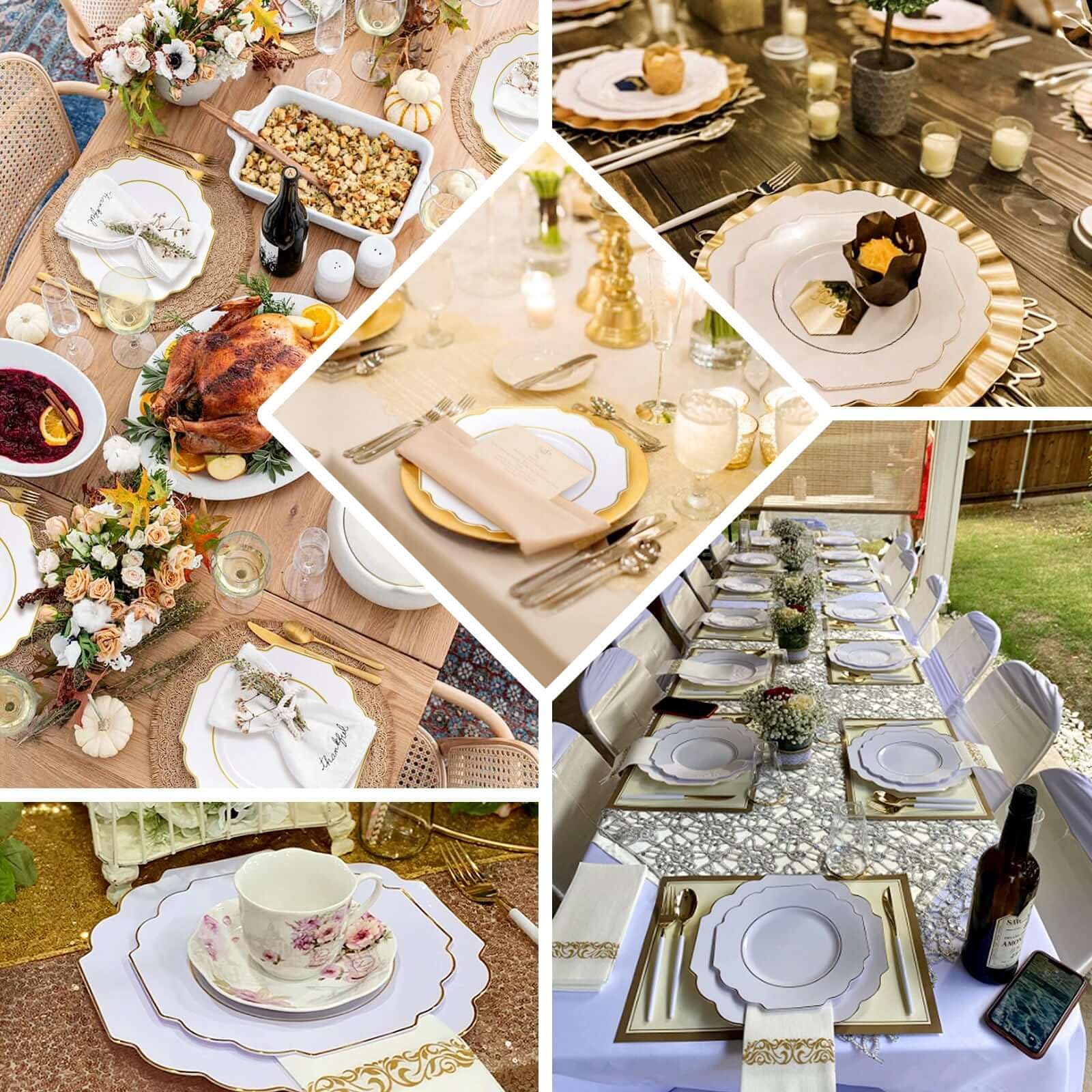 Efavormart 10 Pack 8 Inch White Plastic Dessert Plates - Disposable Gold Rim Baroque Style Salad Plates for Parties, Weddings & Elegant Events