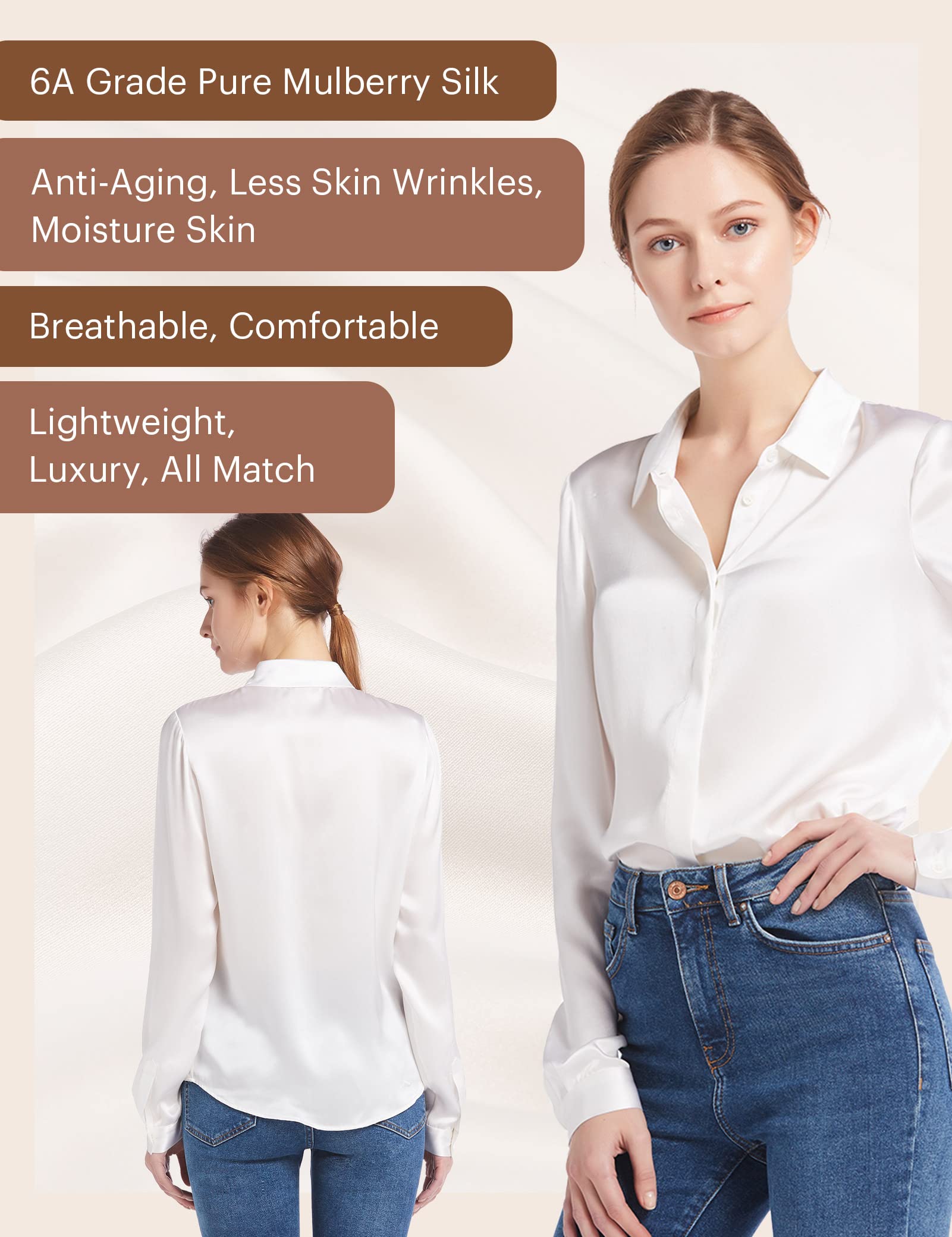 LilySilk 100% Pure Silk Blouse for Women - Long Sleeve Soft & Smooth Silk Top for Work, Party & Special Occasions | Elegant & Comfortable Silk Shirt for Office, Date Night & Formal Events